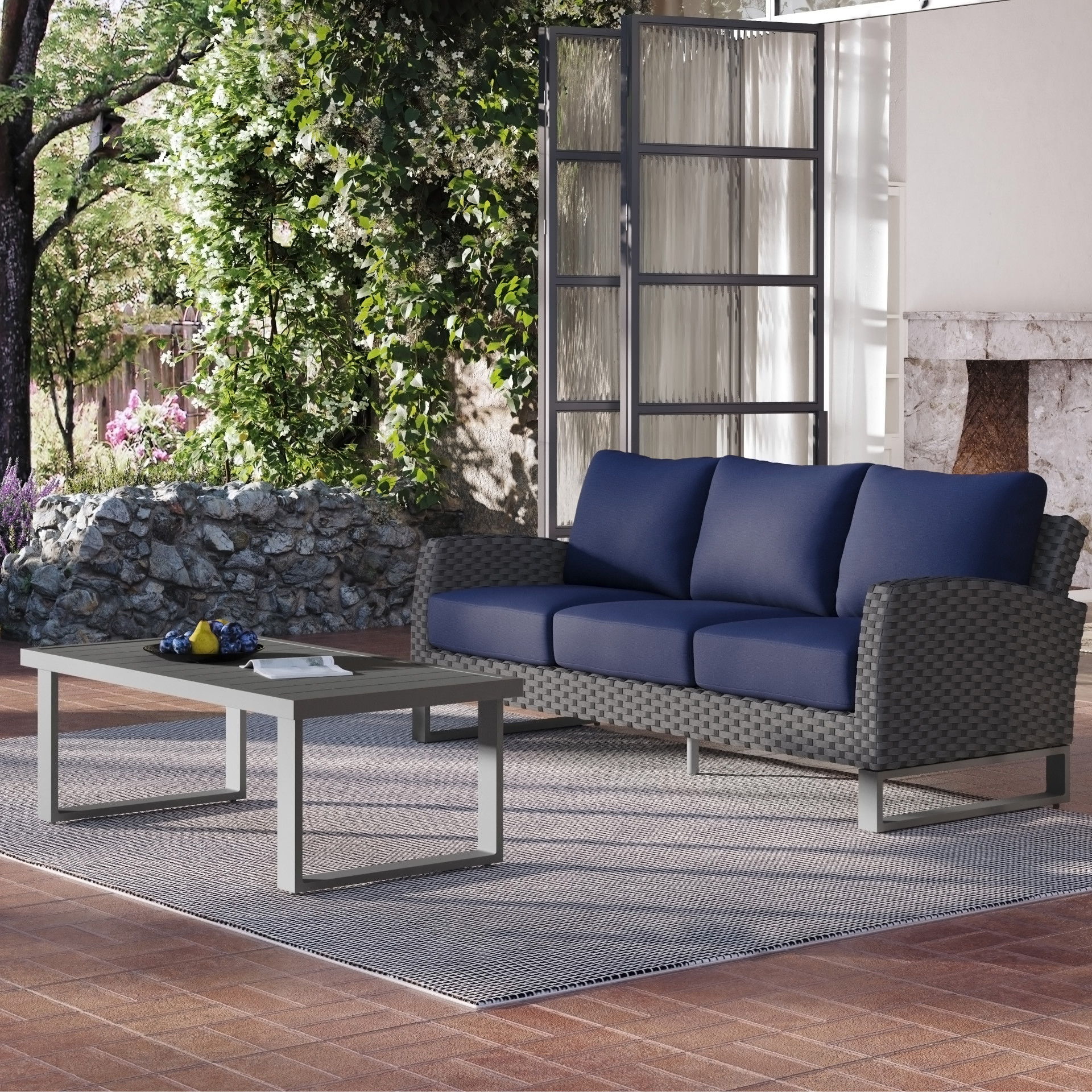 Fiji - 2 Piece Outdoor Set (Sofa & Slat Top Coffee Table Set) - Blue, blue