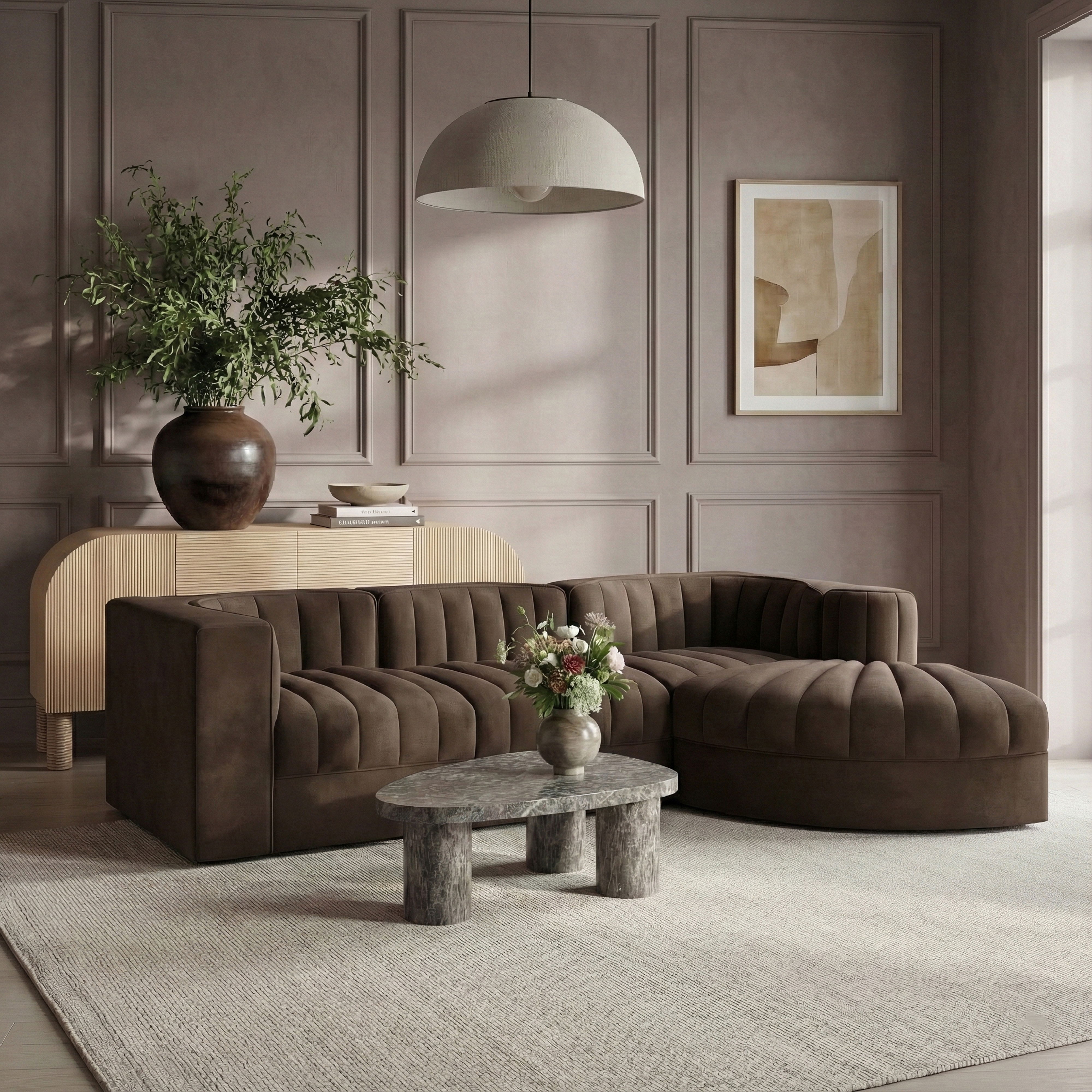 Rummi - Velvet Performance Fabric Upholstered 4 Piece Modular Sectional, With Reverse Corner Chair - Brown