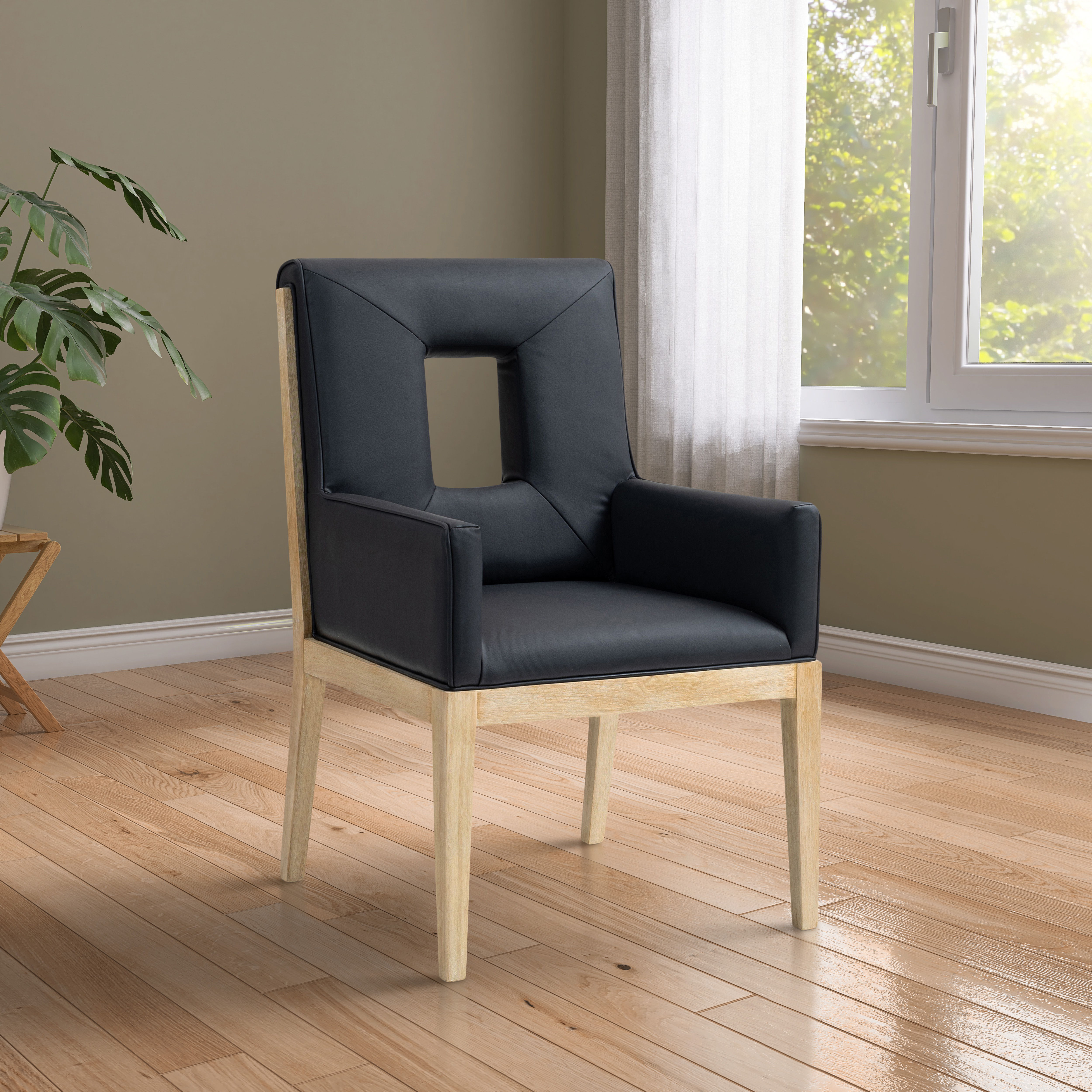 Gwendolyn - Faux Leather Dining Arm Chair With Natural Frame - Black