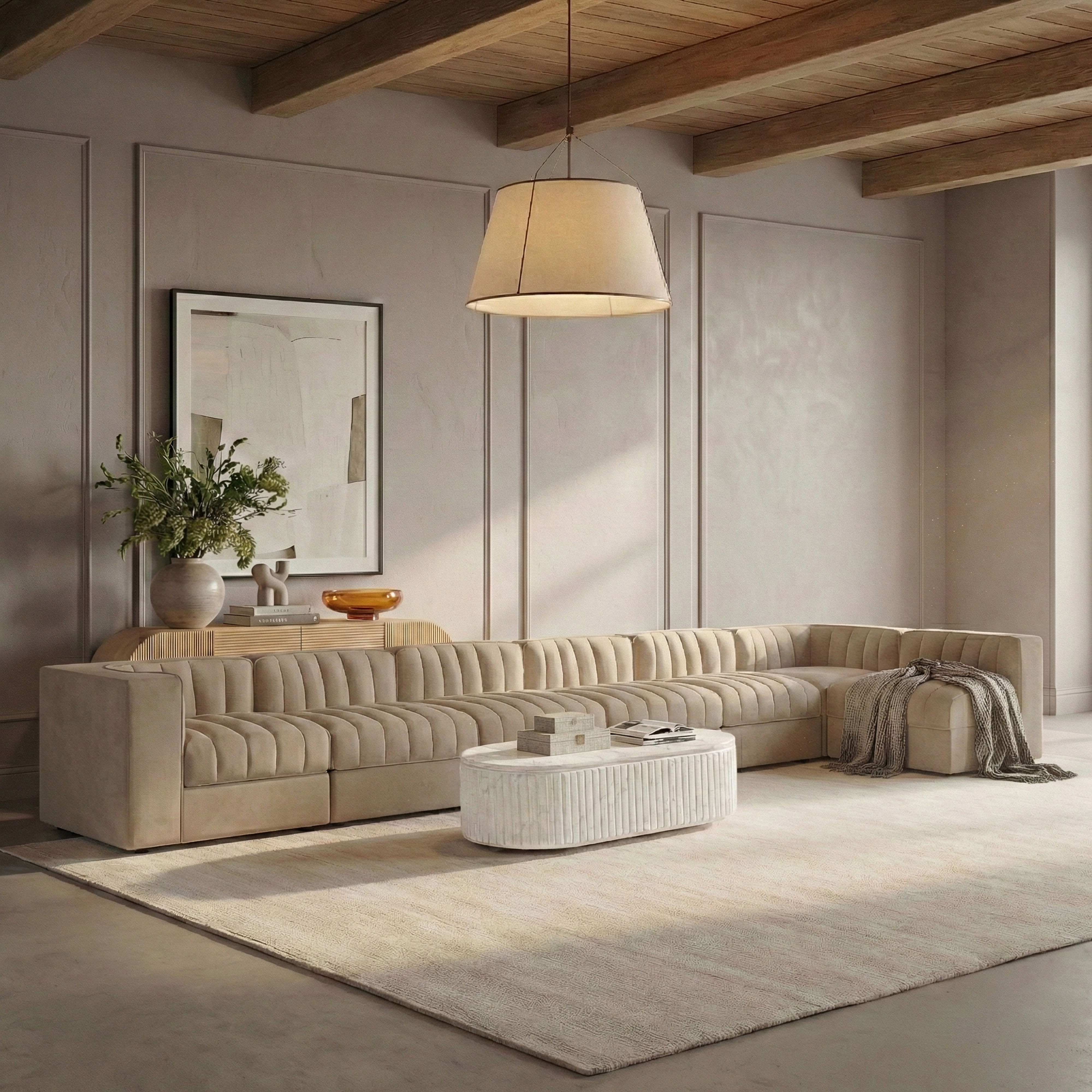 Rummi - Velvet Performance Fabric Upholstered 7 Piece Modular Sectional, L-Shaped (Right) - Beige