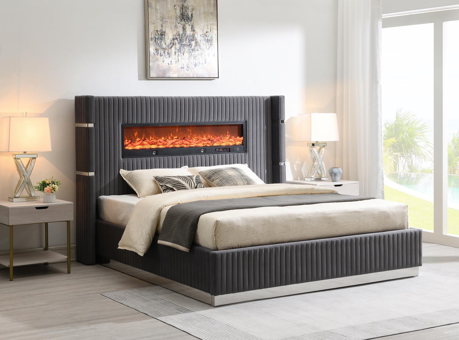 B544 - Velvet Queen Bed With Fireplace & Bluetooth Speaker & USB - Gray
