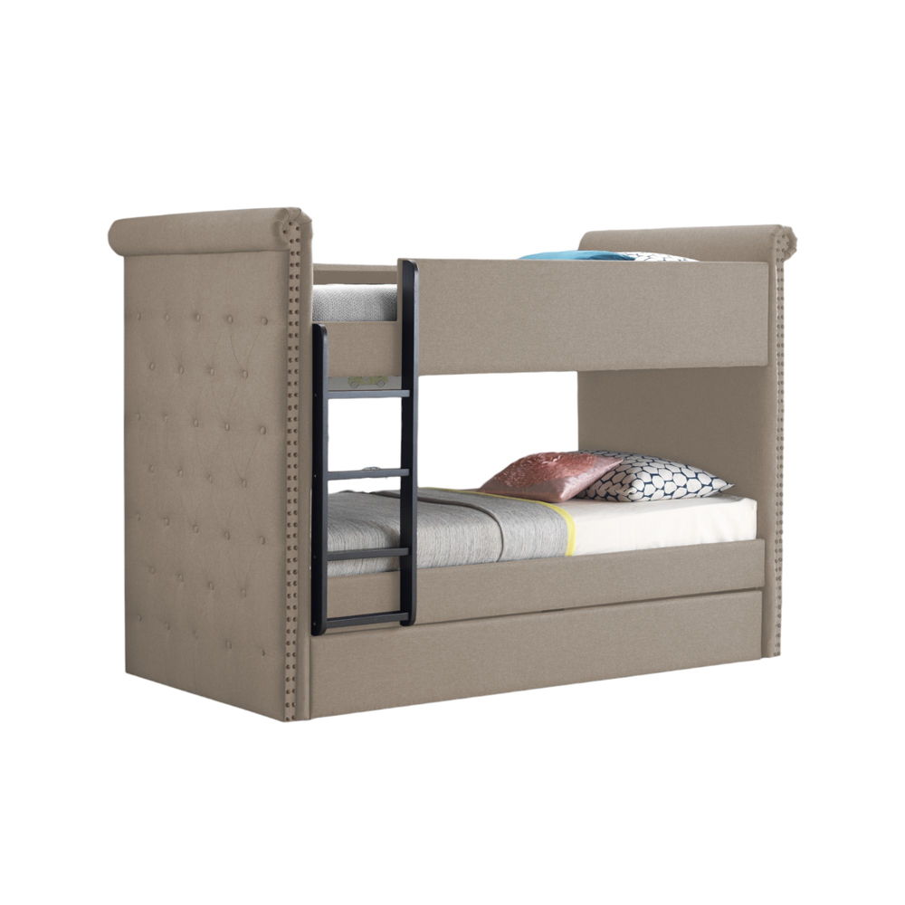 Romana II - Twin Over Twin Bunk Bed With Trundle - Beige Fabric, beige, view 3
