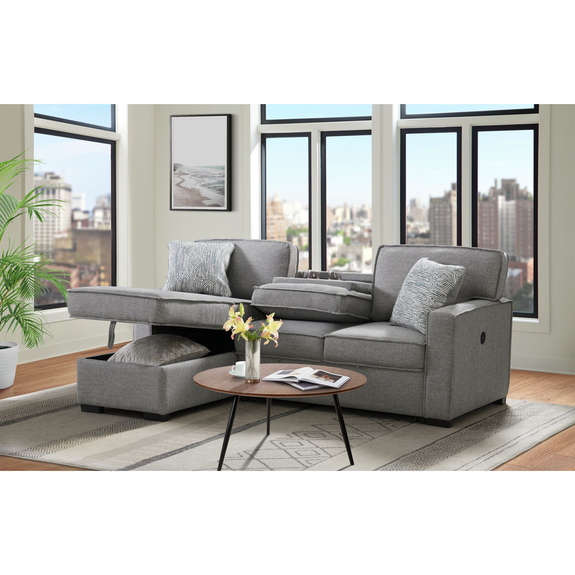 Caracas - Sectional RHF Loveseat With Pull Bed, Drop Table & USB - Palmer Steel