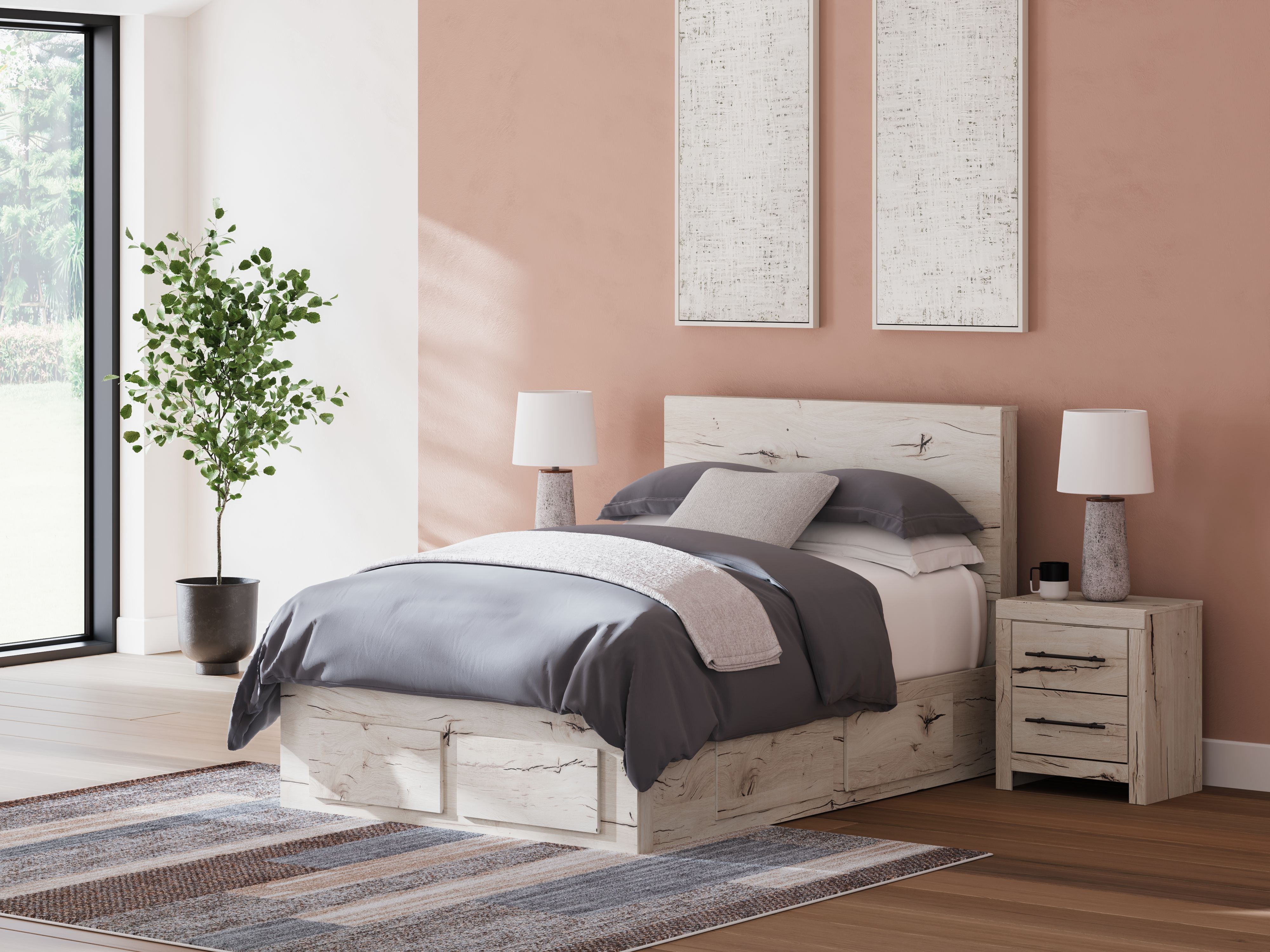 Ashley Lawroy - Light Natural - Full Panel Bed With Storage footboard And 2 Under Bed Storage Units
