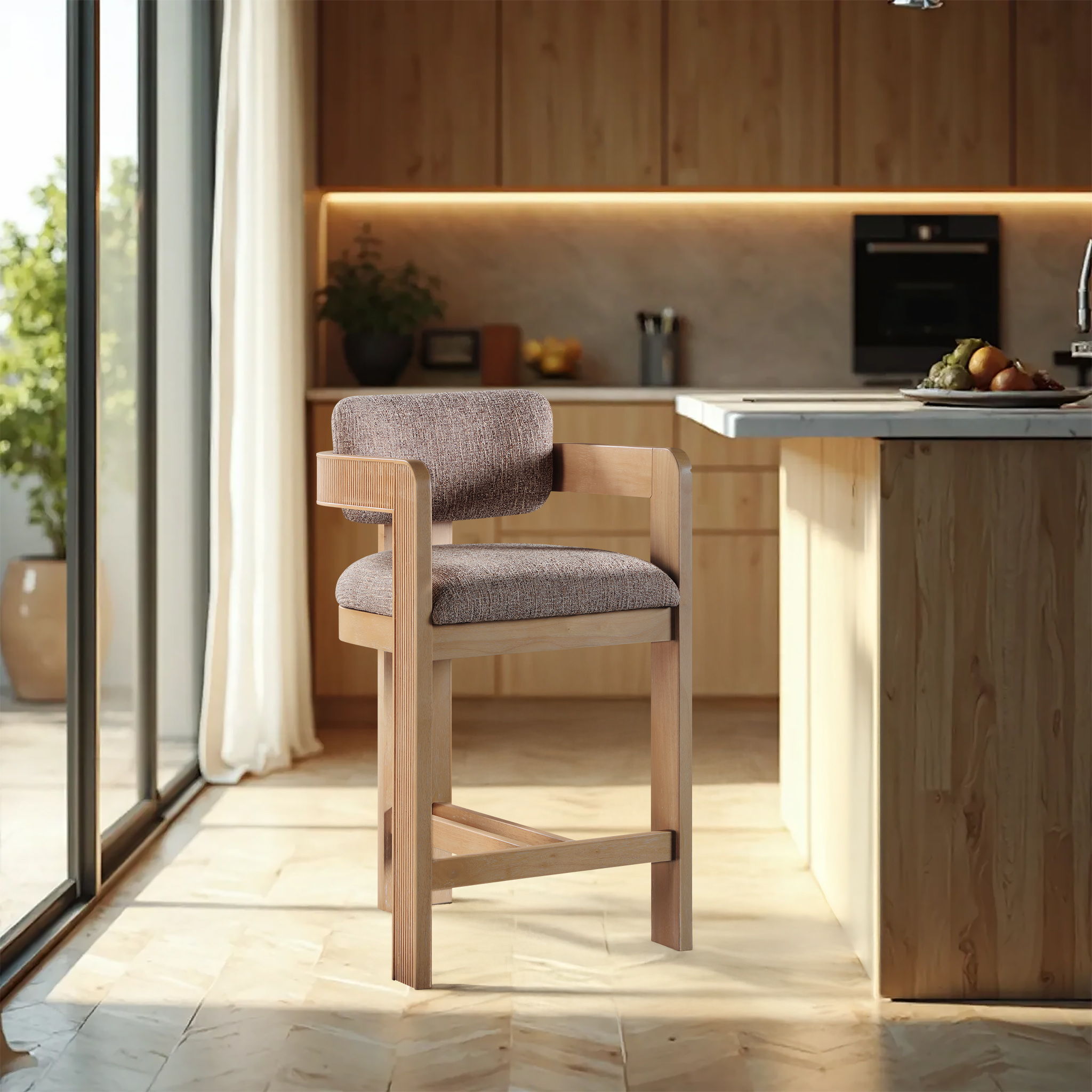 Sacha - Linen Stool With Natural Base - Brown