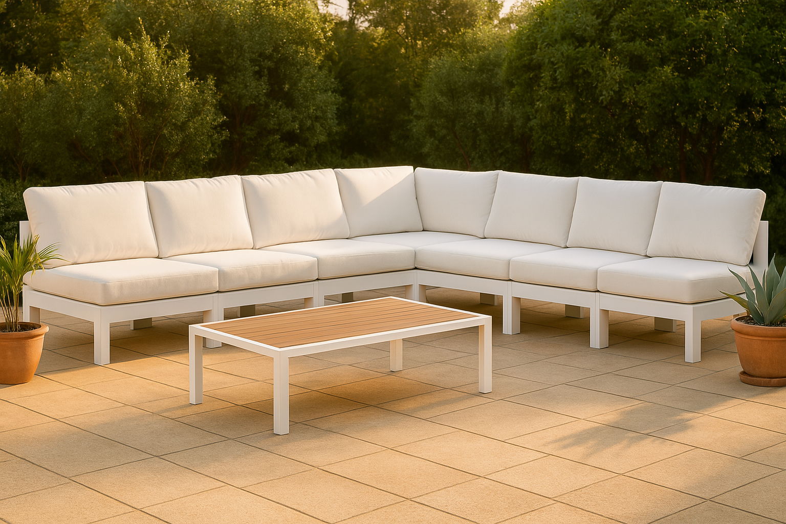 Nizuc - Outdoor Patio 7 Piece Modular Croner Armless Sectional With White Frame - White