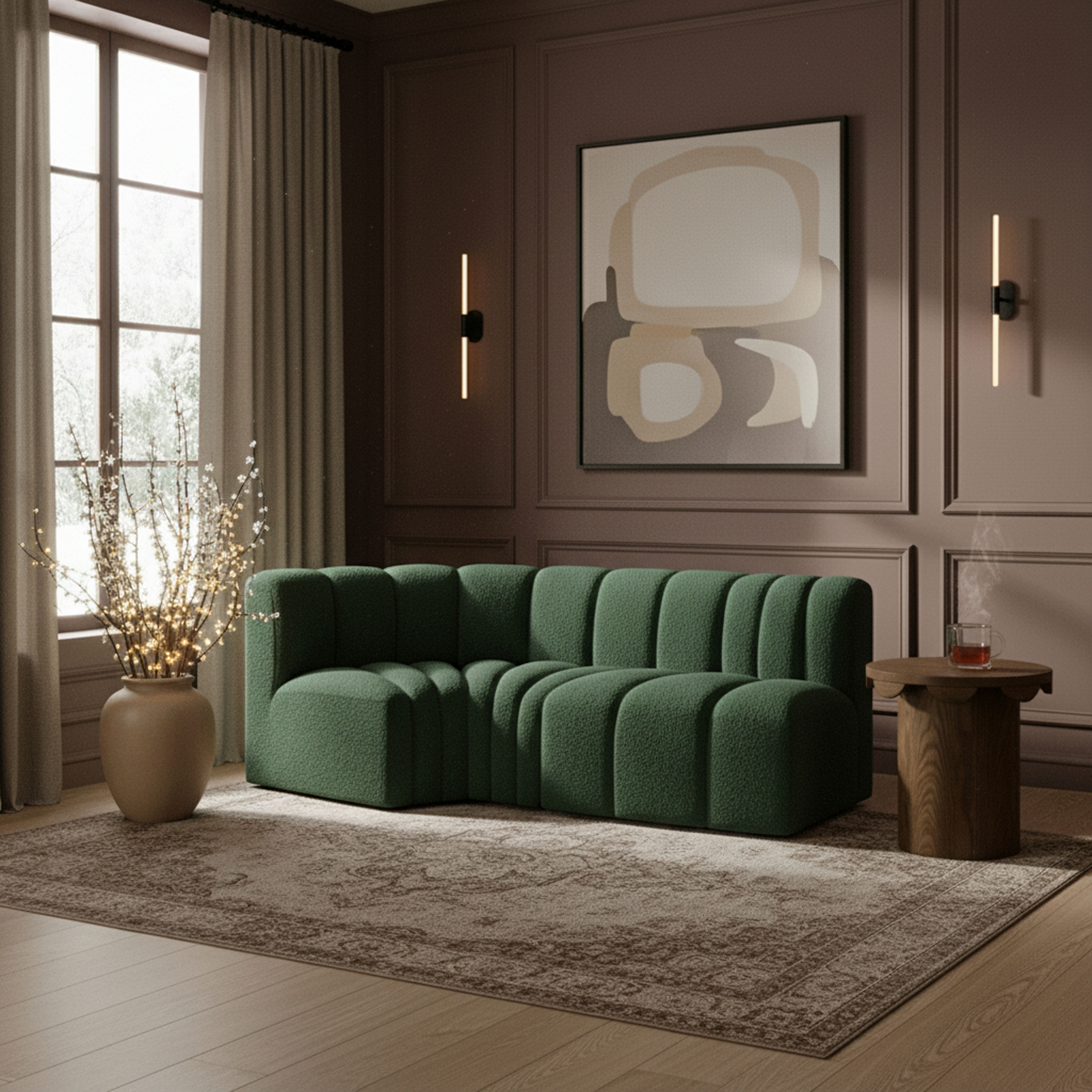 Arc - Boucle Fabric 3 Piece Modular L-Shaped Sofa - Green