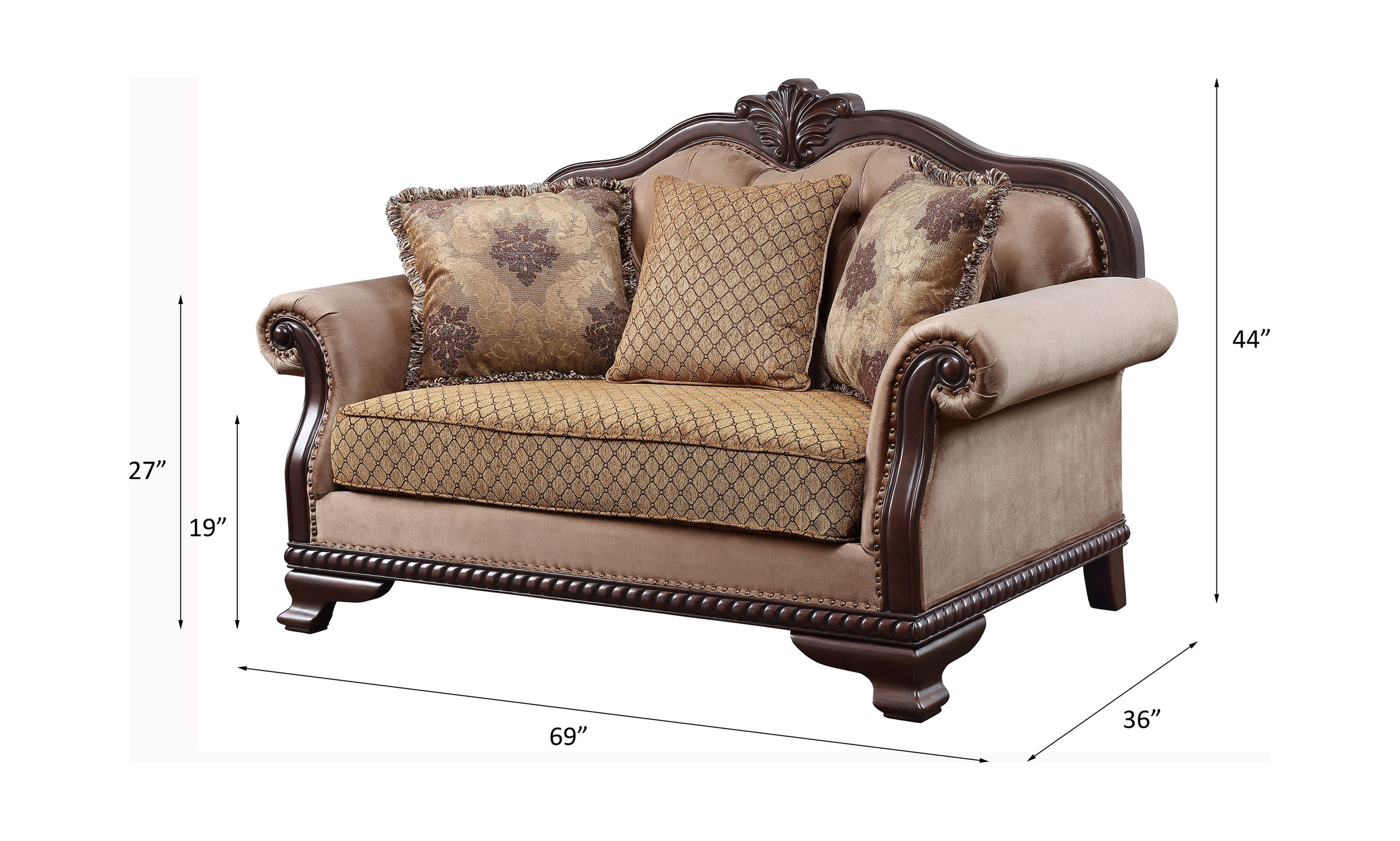 Chateau De Ville - Loveseat With 3 Pillows (Same Lv01589) - Fabric & Espresso, beige, view 4