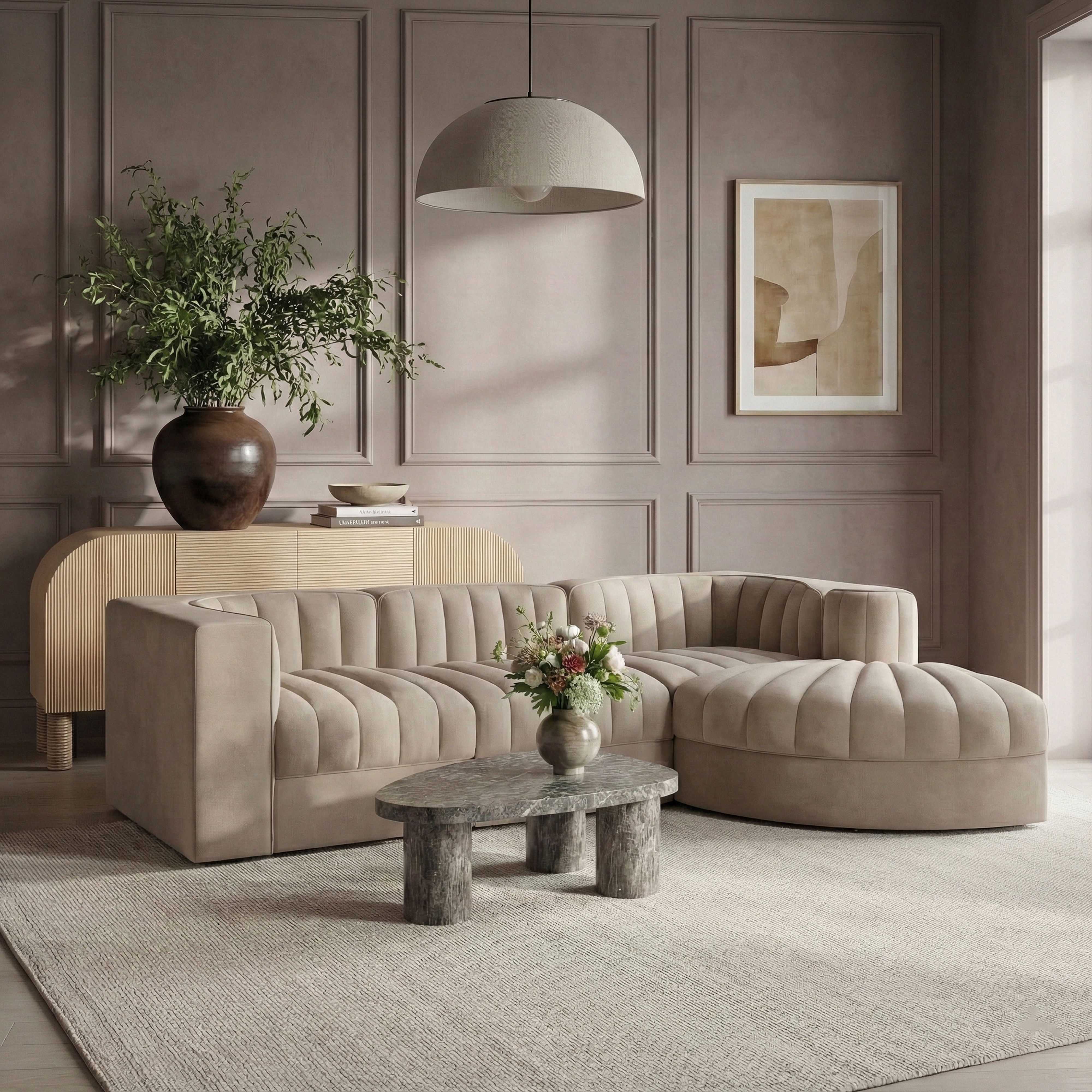 Rummi - Velvet Performance Fabric Upholstered 4 Piece Modular Sectional, With Reverse Corner Chair - Beige