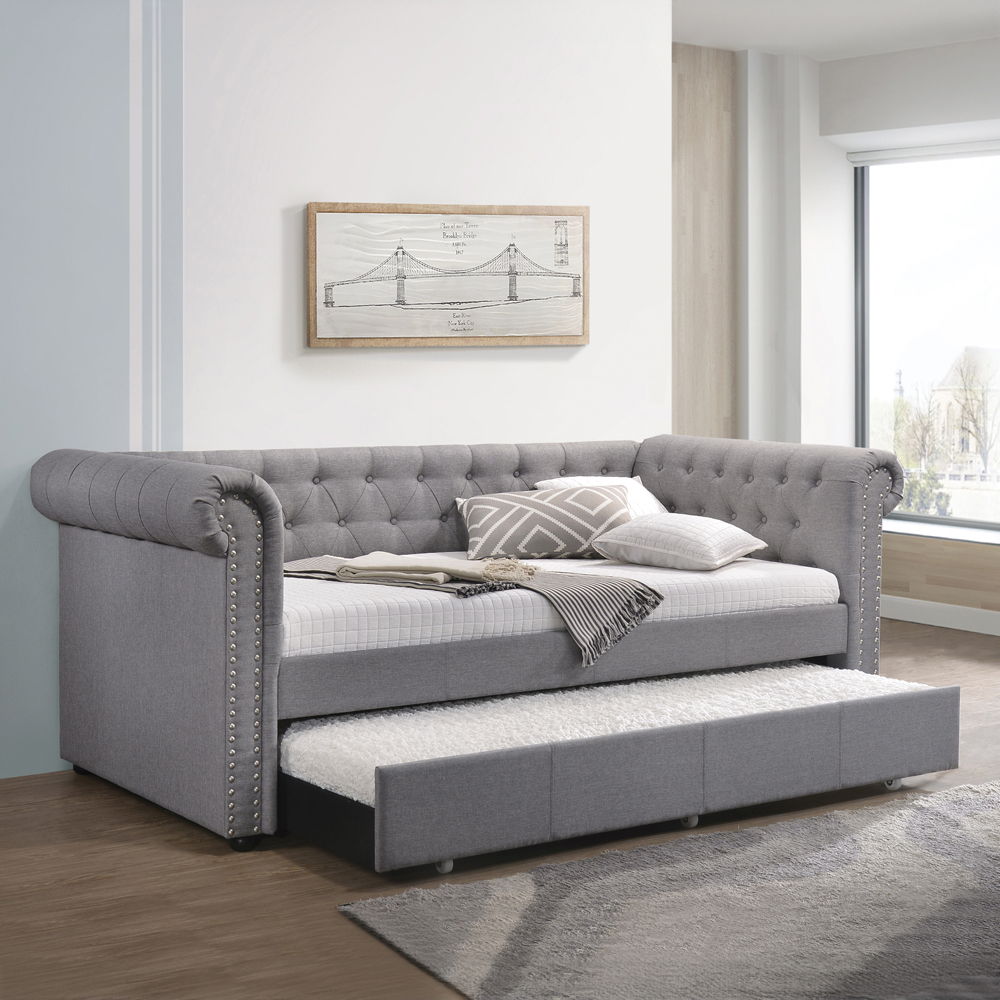 Justice - Twin Daybed With Trundle - Smoke Gray Fabric, gray