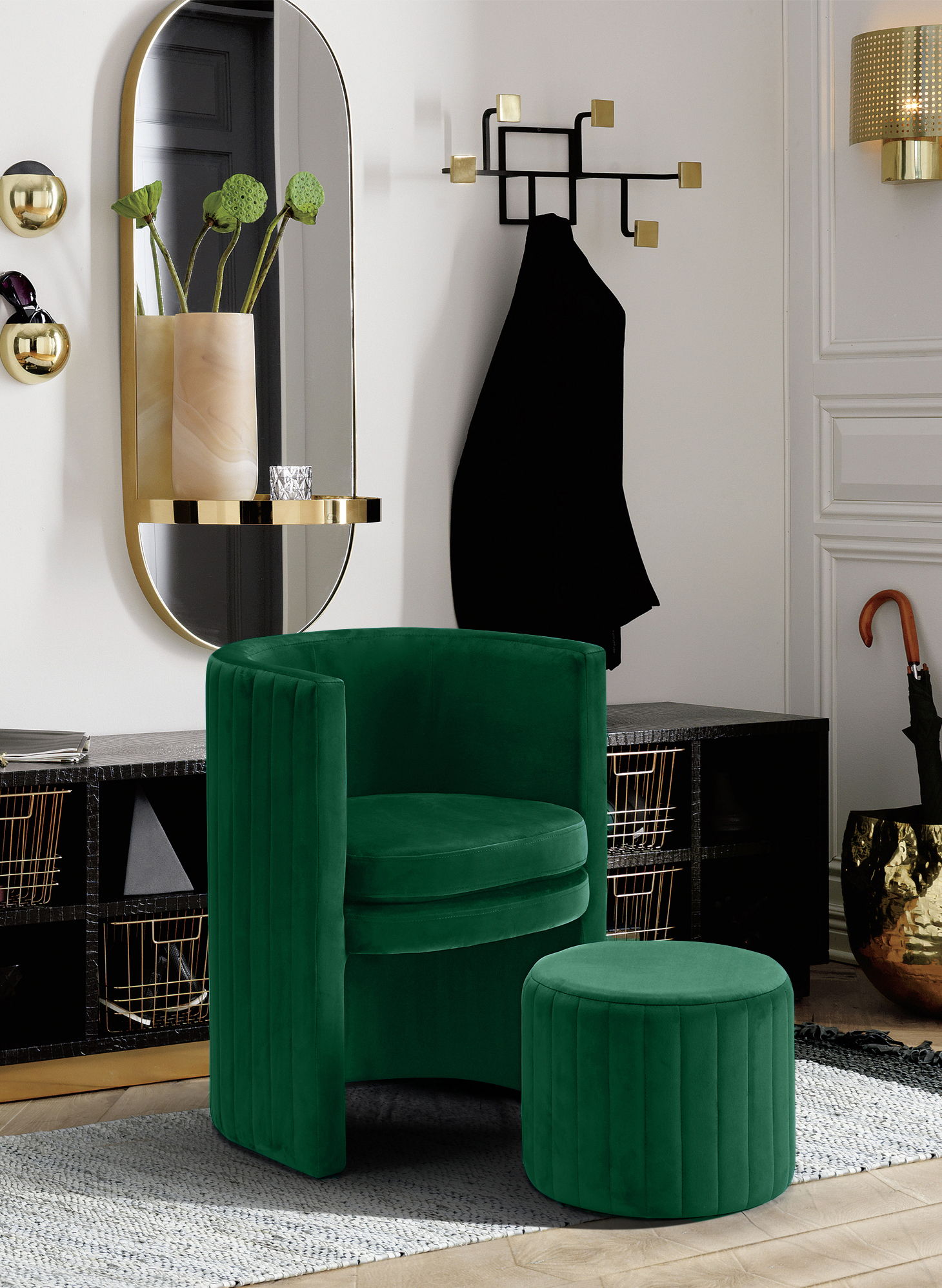 Selena Green Velvet Accent Chair and Ottoman Set New Lots Furniture