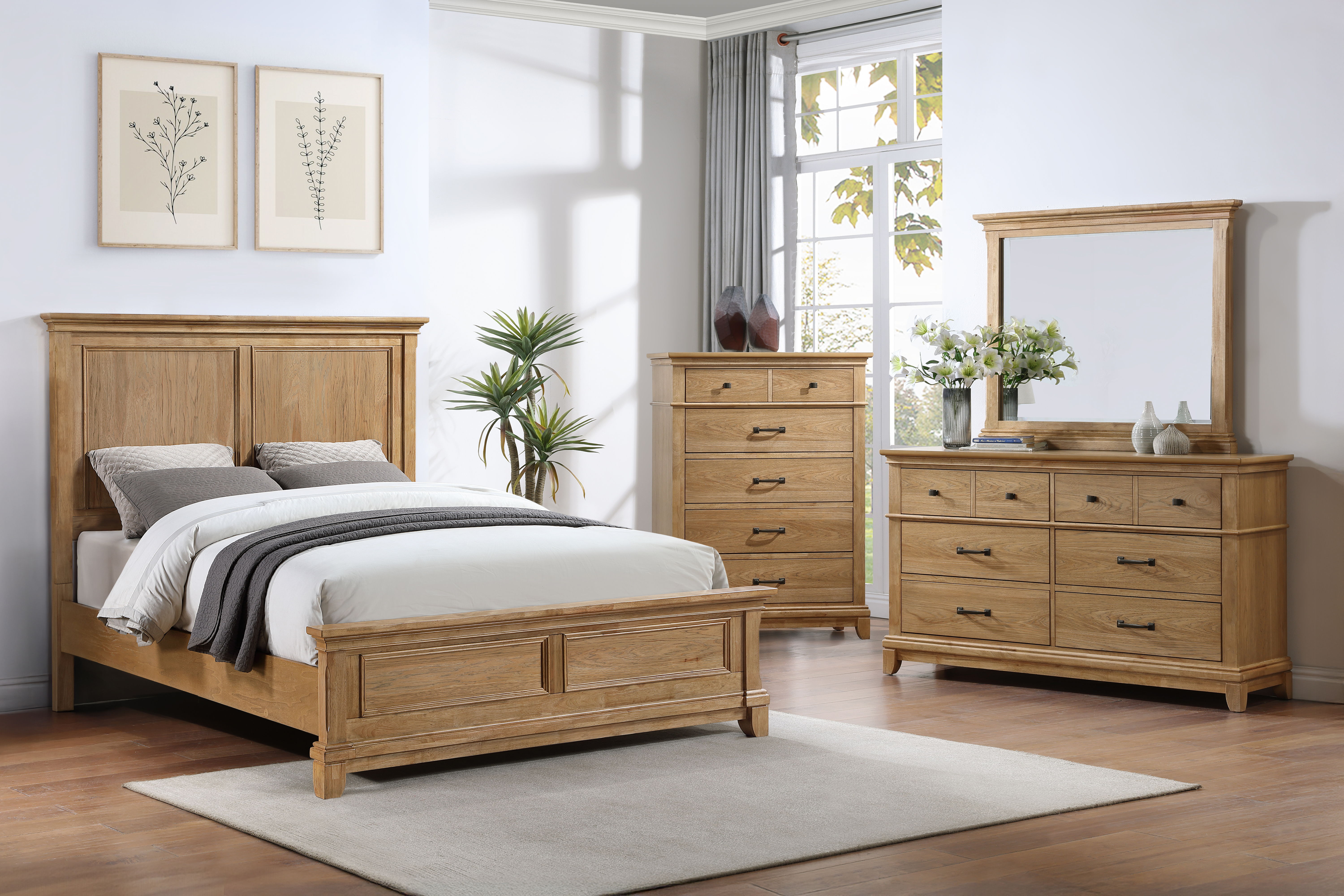 Sunstone - 5/0 Queen 4 Piece Bedroom Set (Bed, Dresser, Mirror, Chest) - Brown / Natural