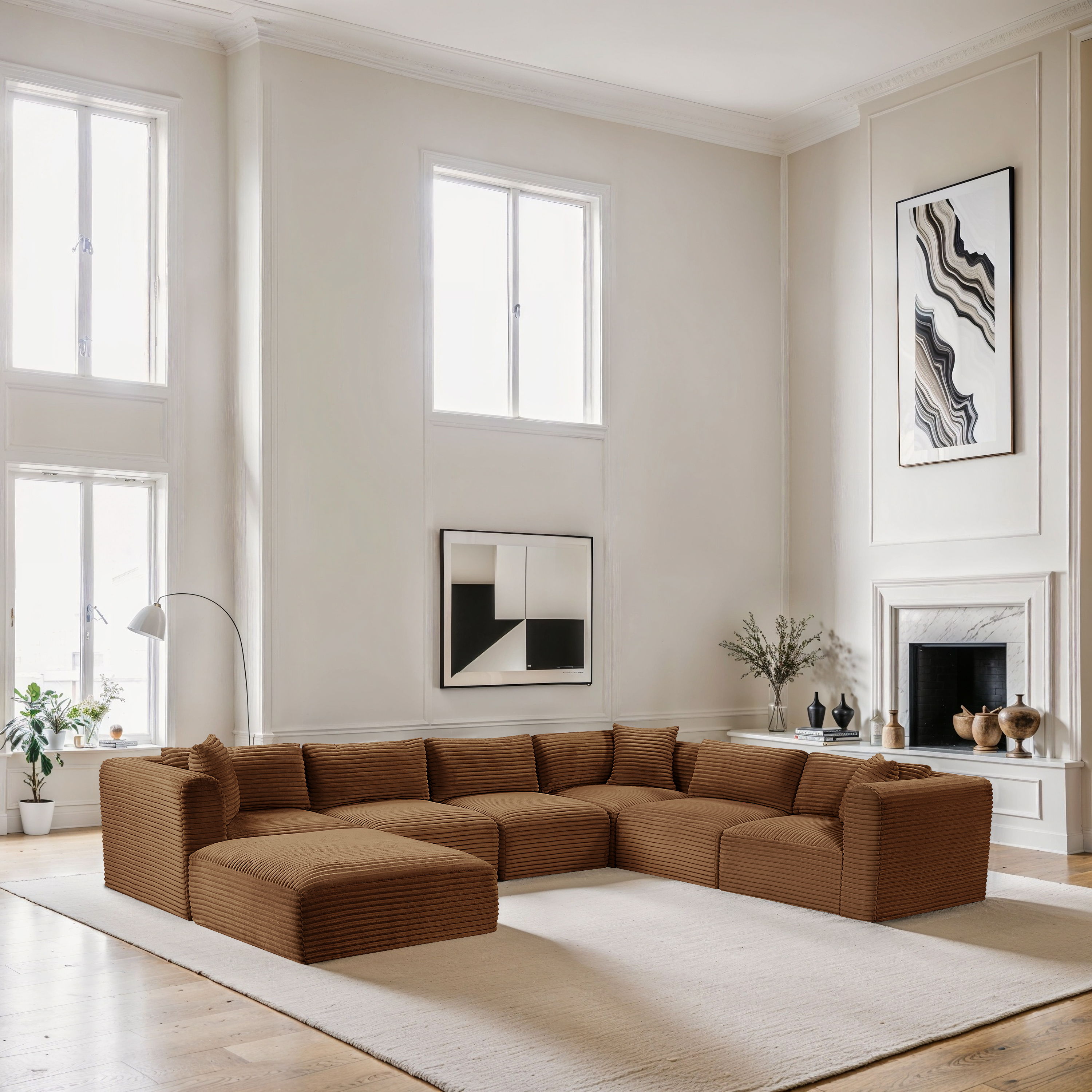Shaggy - 7 Piece Modular U-Shaped Sectional With Ottoman - Saddle