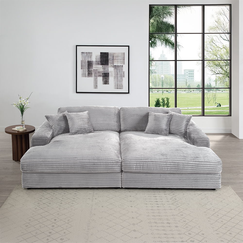 Hilde - Sectional Sofa With 4 Pillows - Light Gray Corduroy, light gray
