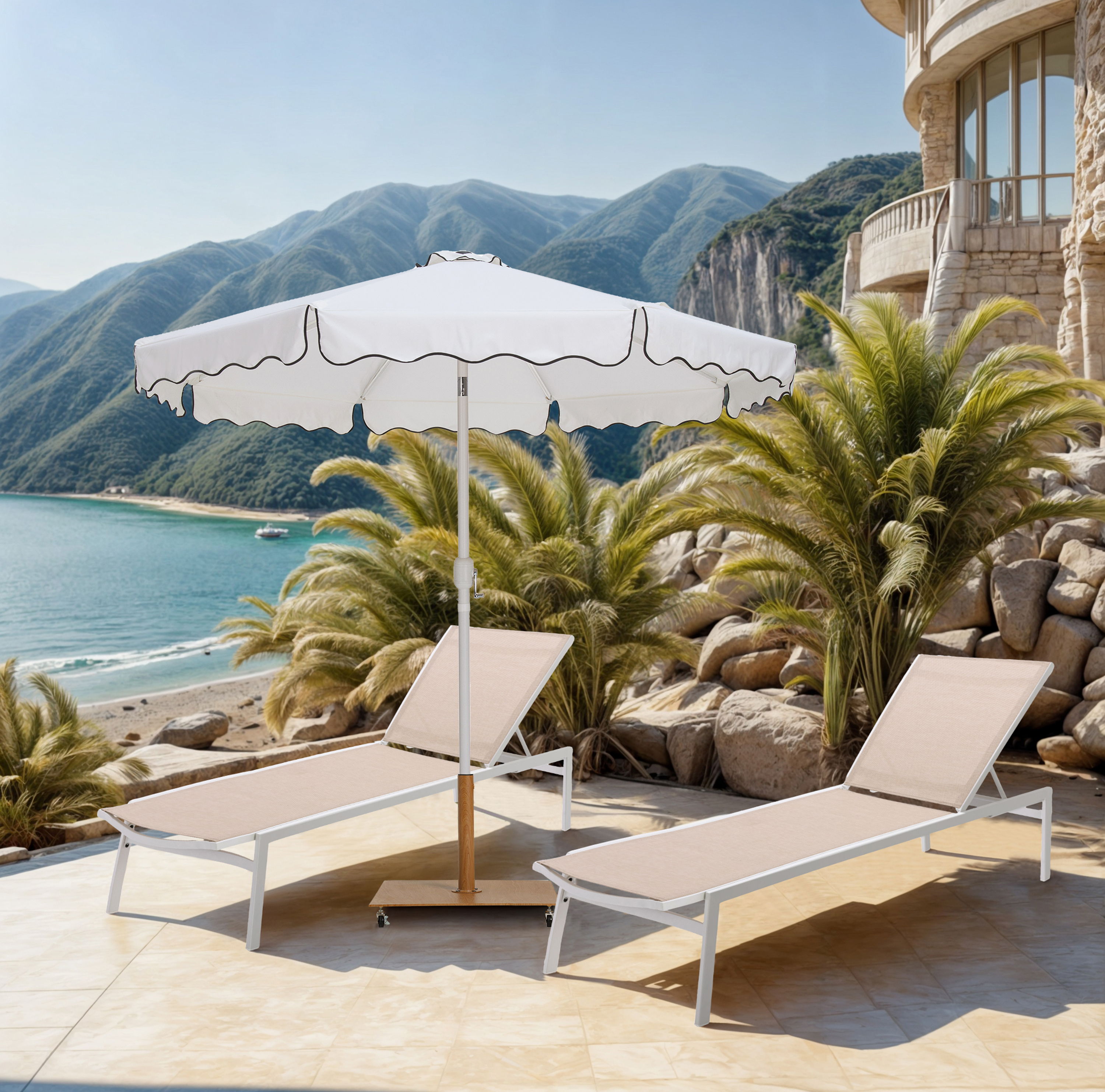 Amalfi - With Black Piping / Teak Aluminum Patio Umbrella With Base Fabric - White