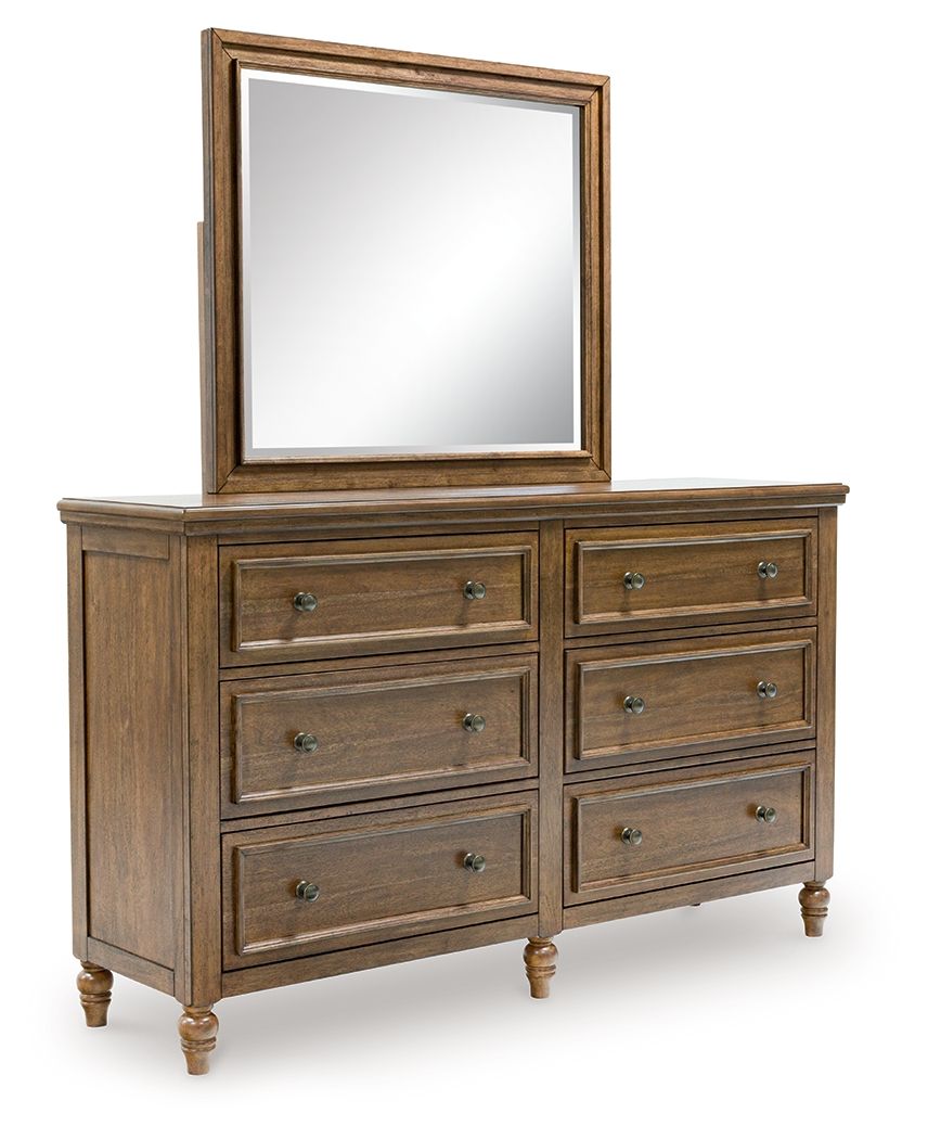 Ashley Furniture Sturlayne - 5 Pc. - Dresser, Mirror, Queen Upholstered Panel Bed - Brown - Image 2