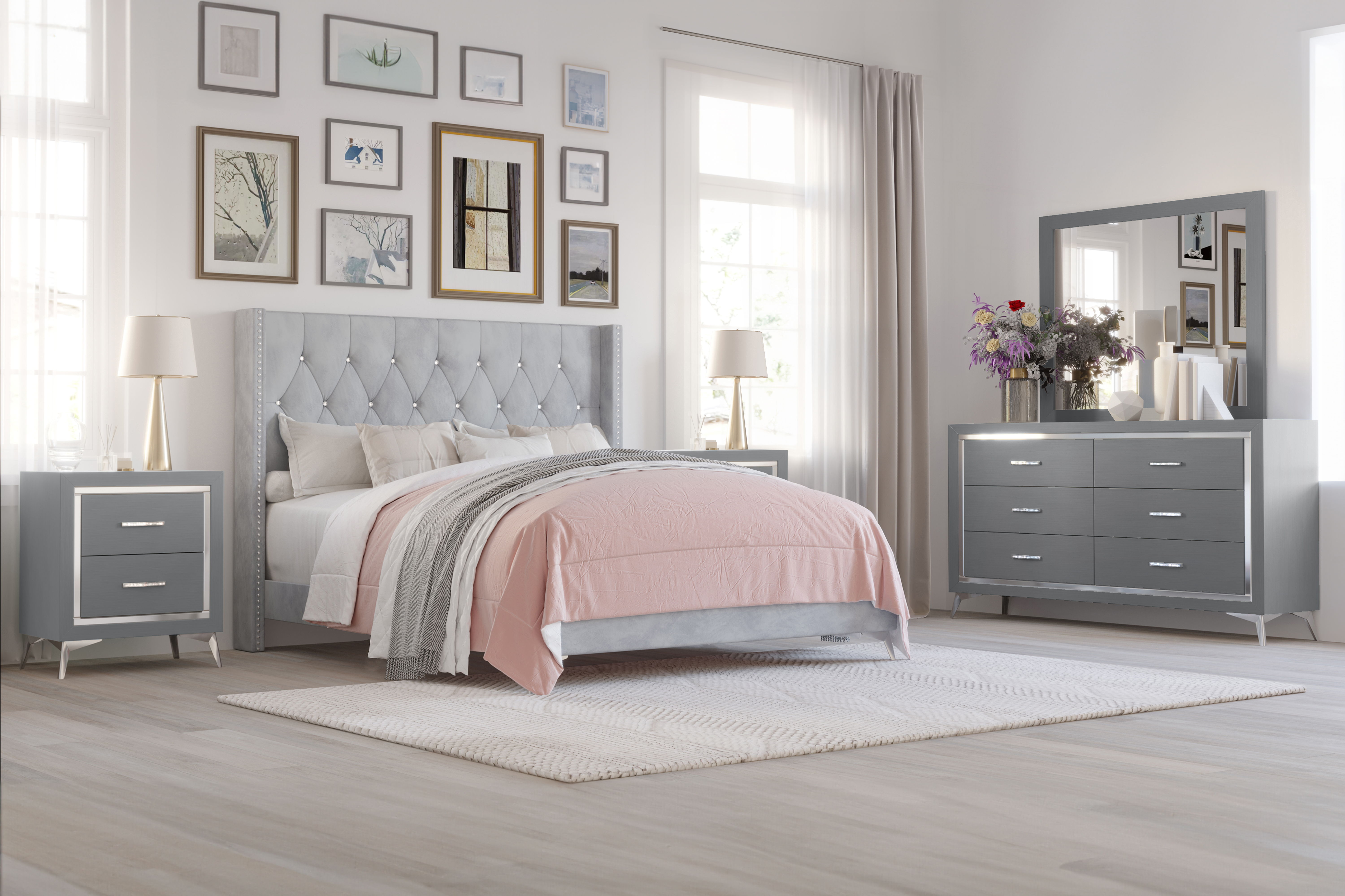 Huxley - 6/6 Eastern King 5 Piece Bedroom Set (Bed & Dresser & Mirror & 2 Nightstands) - Gray