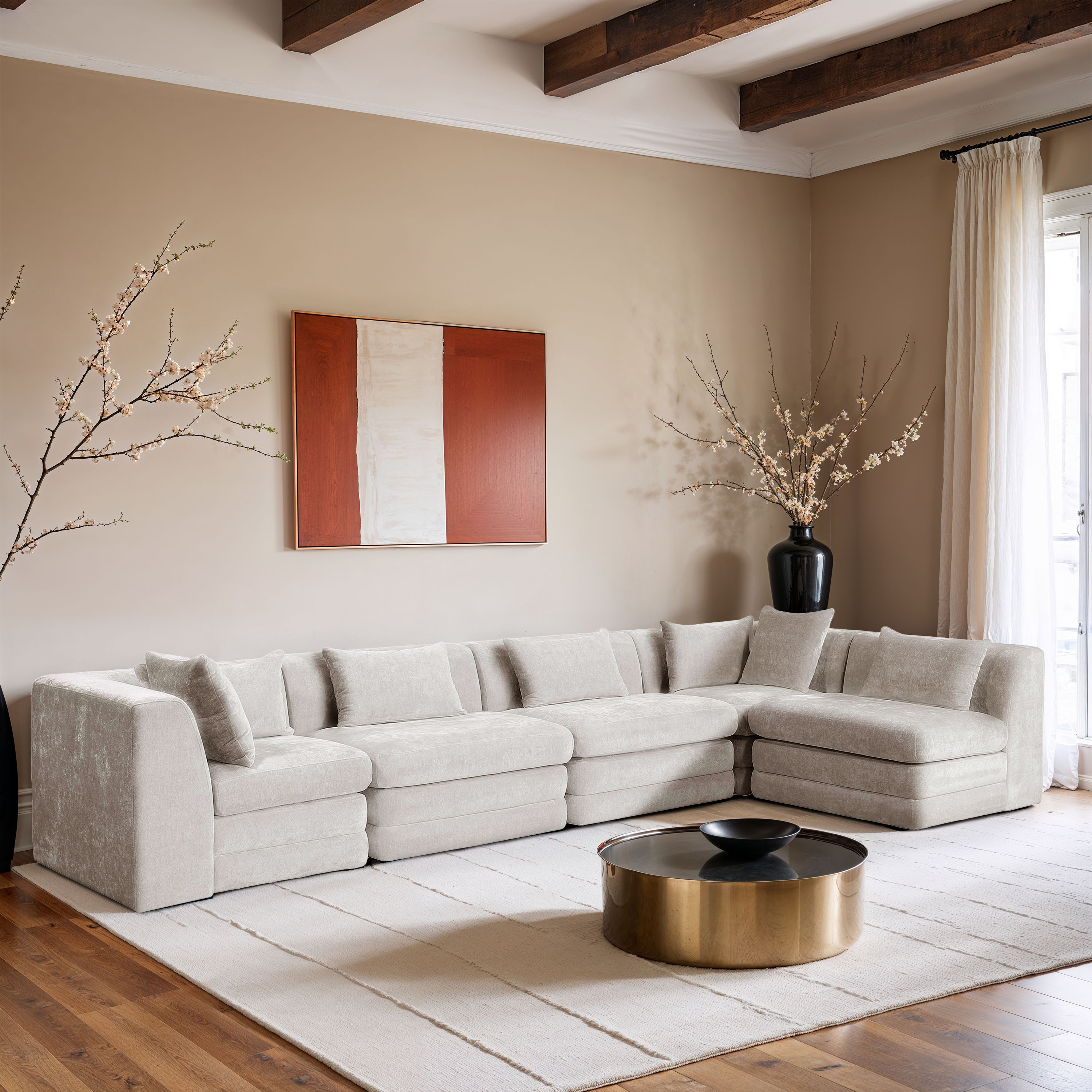 Stellar - 5 Piece Chenille Fabric 152" Modular Sectional - Cream