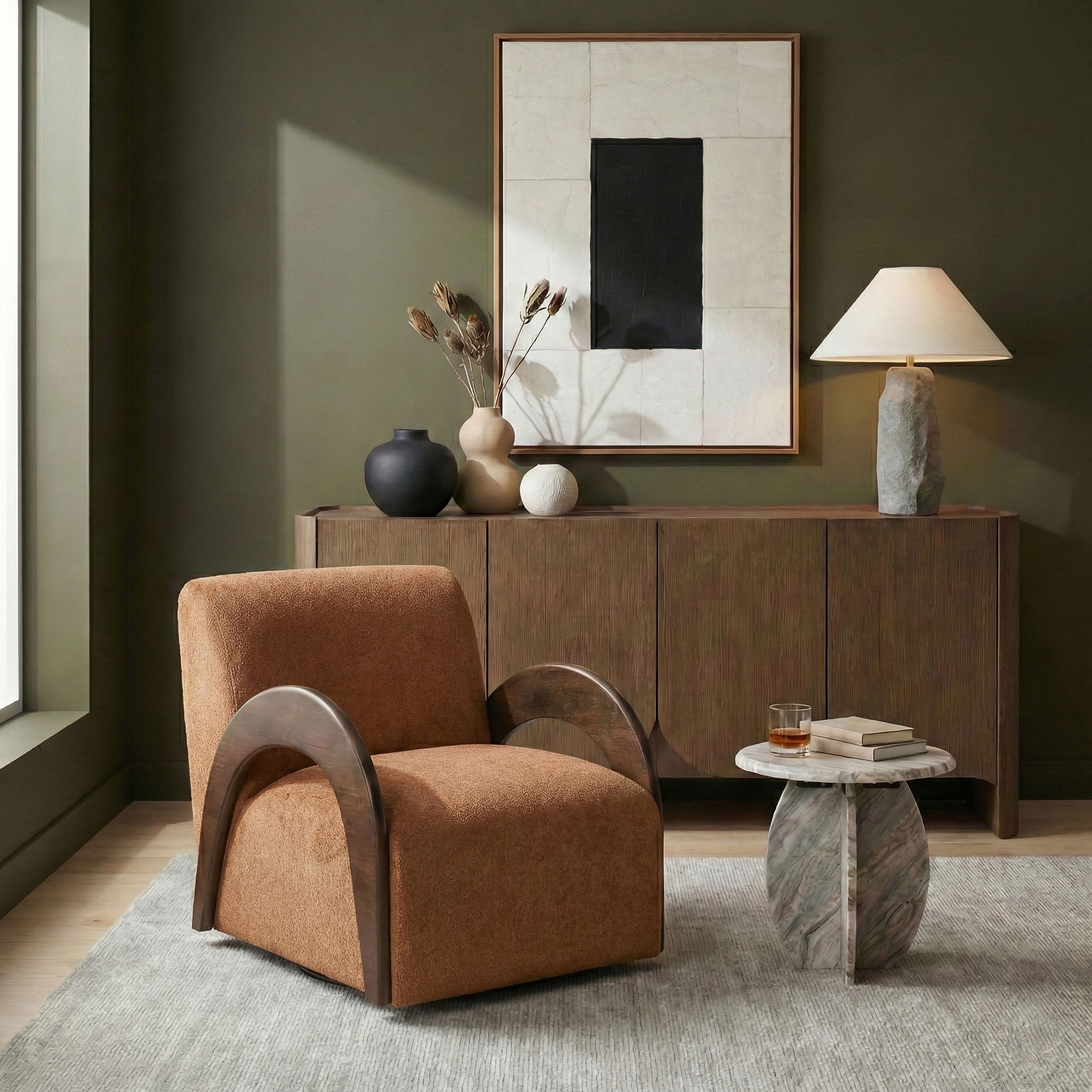 Neria - Chenille Fabric Upholstered Swivel Accent Chair - Cognac