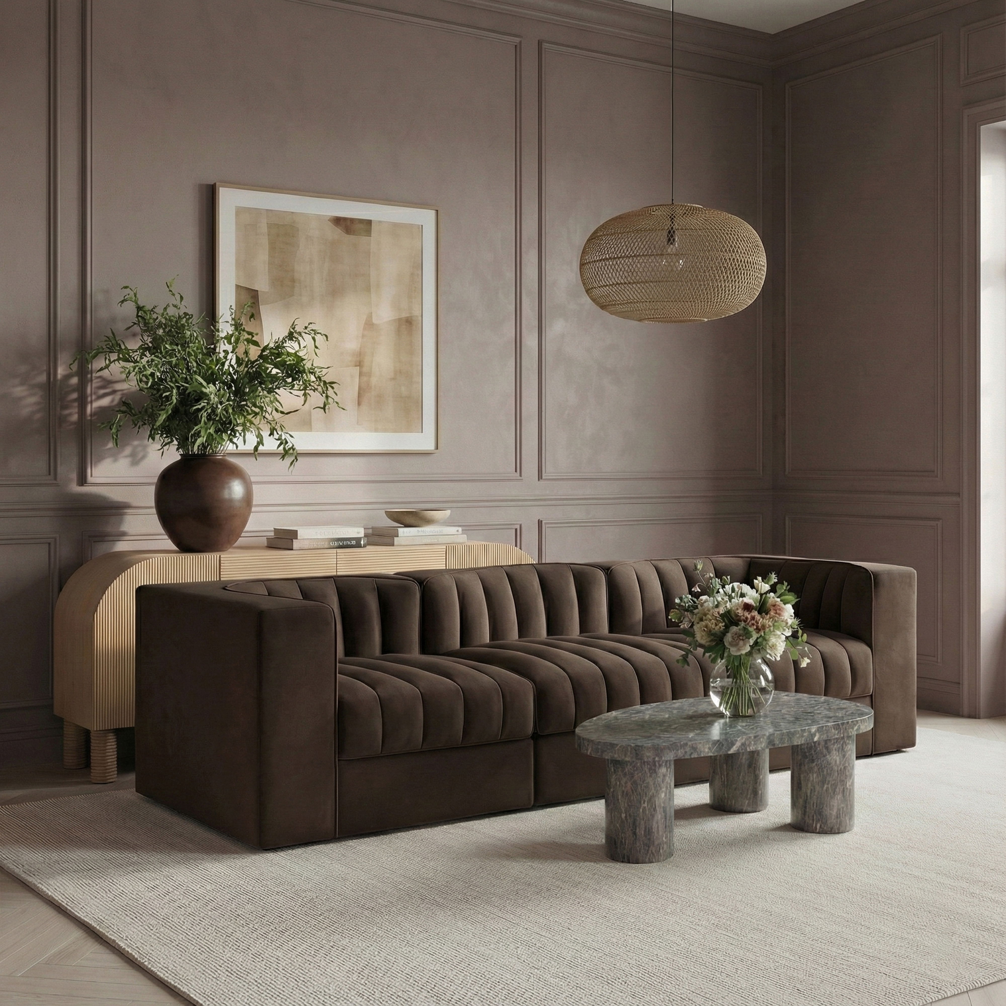 Rummi - Velvet Performance Fabric Upholstered 3 Piece Modular Sofa - Brown