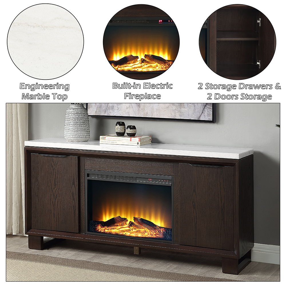 Edwyn - Server With Fireplace - Natural Marble Top & Espresso, dark brown, view 8