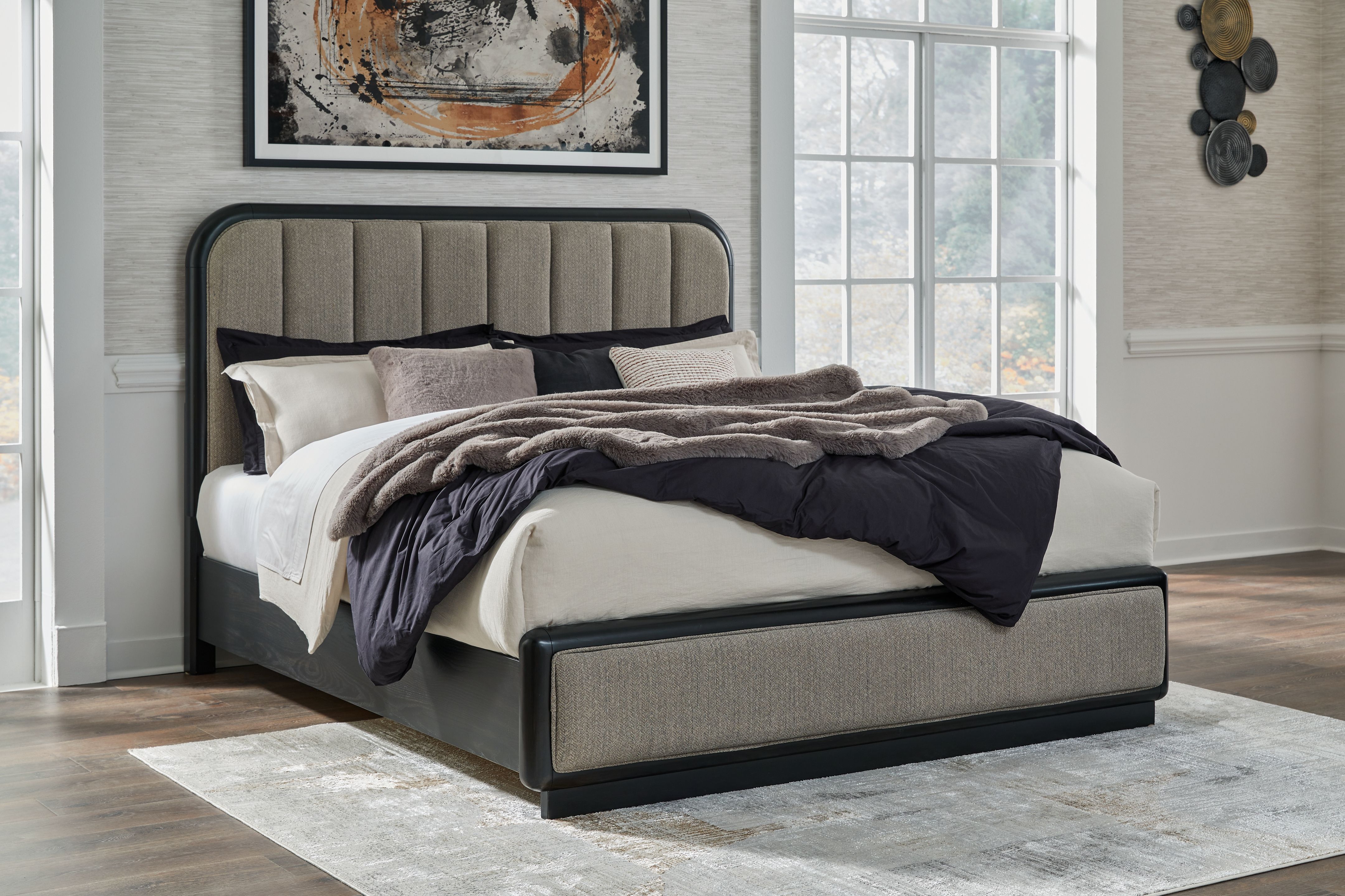 Ashley Furniture Rowanbeck - 5 Pc. - Dresser, Mirror, Chest, King Upholstered Panel Bed - Gray / Black - Image 8