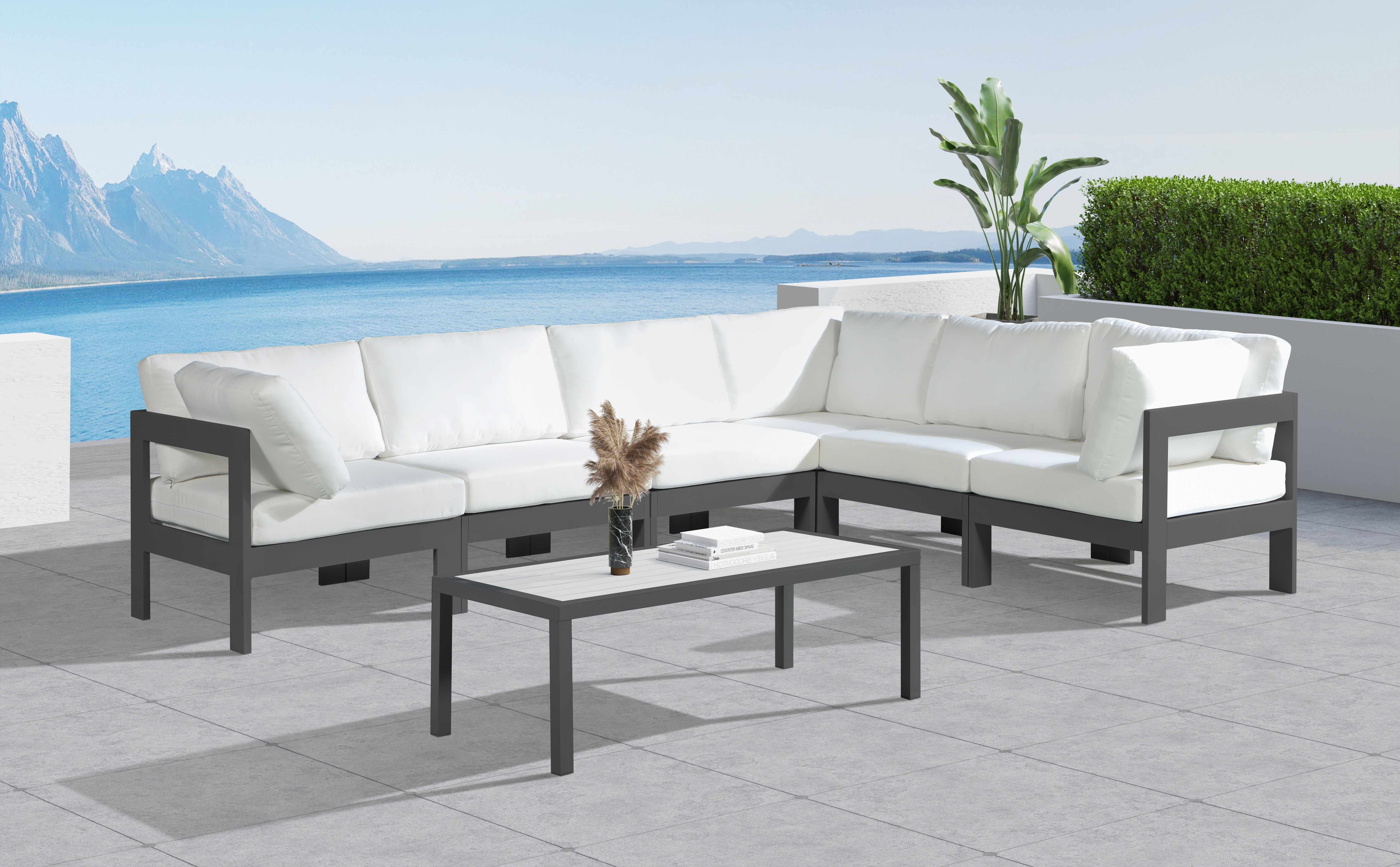 Nizuc - Outdoor Patio 6 Piece Modular Sectional With Gray Frame - White