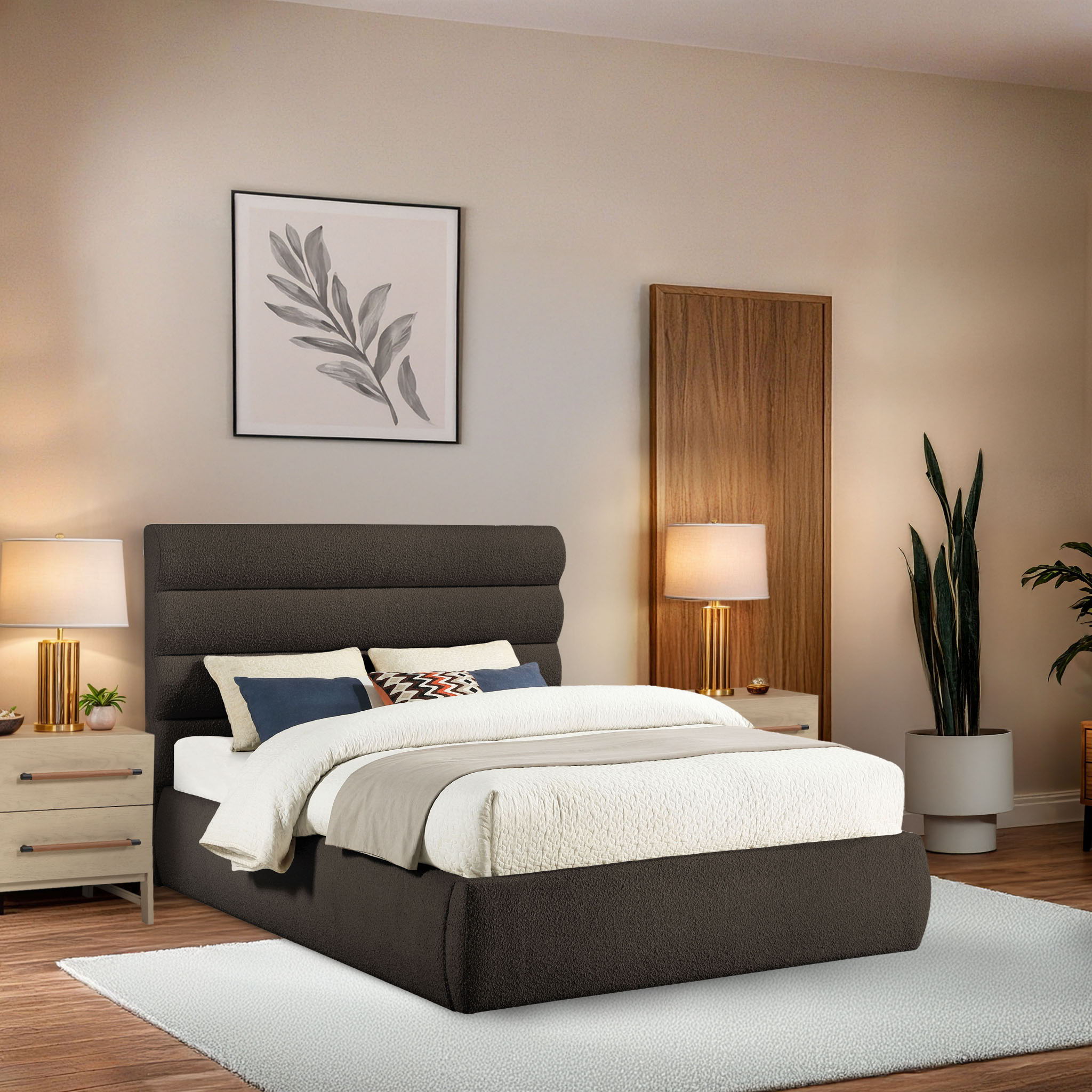 Adam - Boucle Fabric Queen Bed With 52" Headboard - Dark Brown