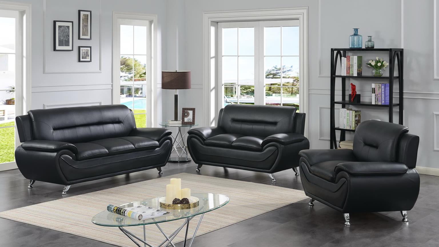U484 - 3 Piece Living Room Set (Sofa, Loveseat, Chair) - Black