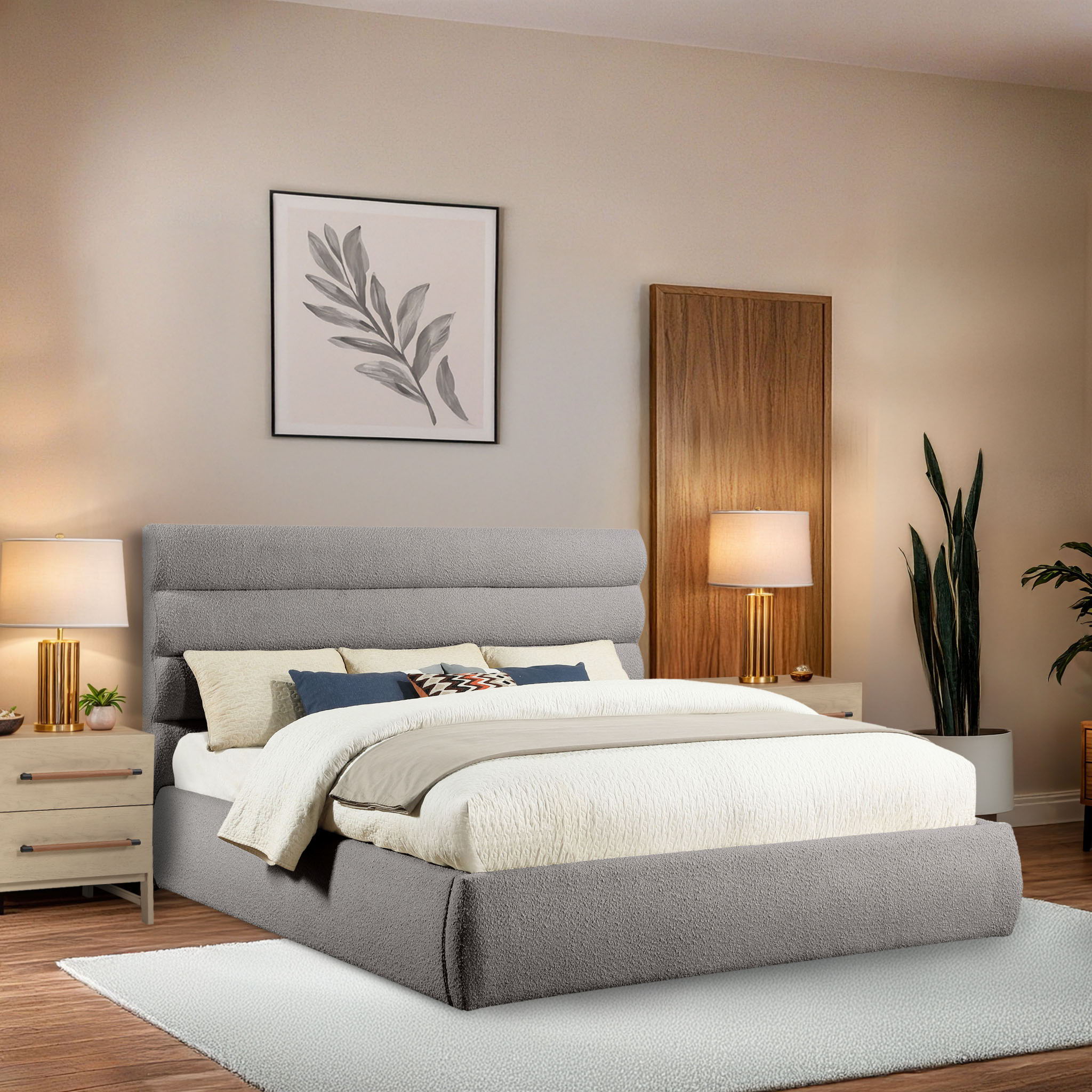 Adam - Boucle Fabric King Bed With 52" Headboard - Taupe