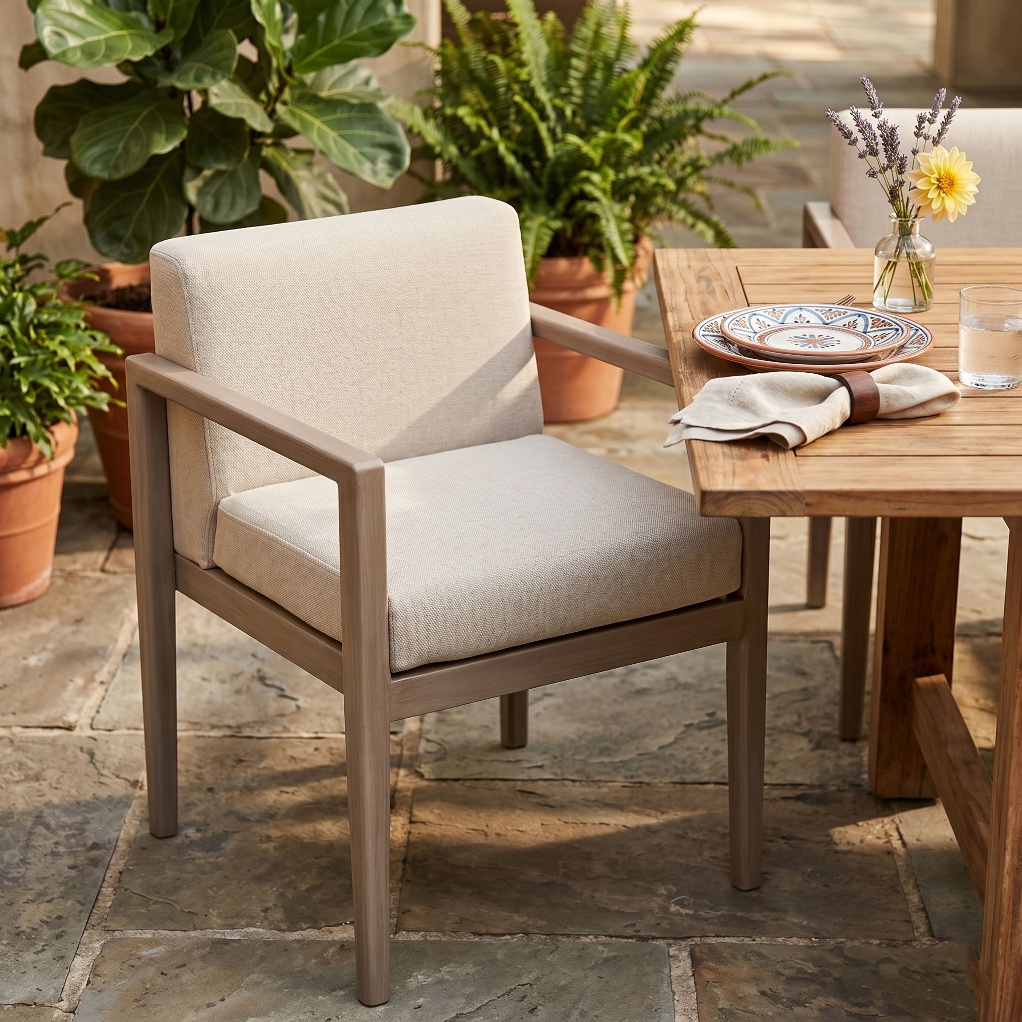 Solace - Olefin Performance Fabric Outdoor Patio Dining Arm Chair - Beige