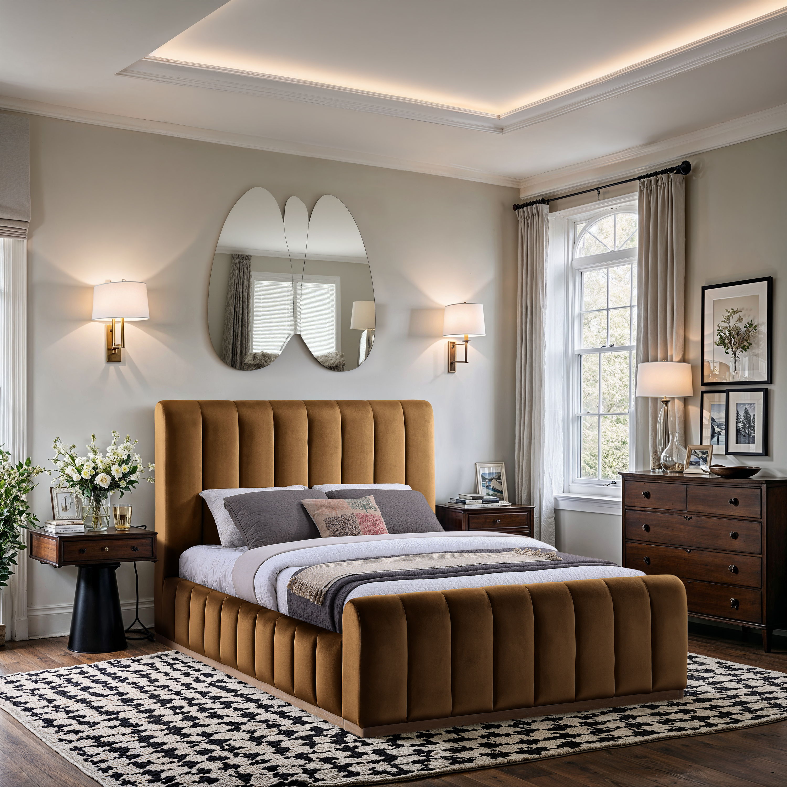 Amara - Velvet Queen Bed - Saddle