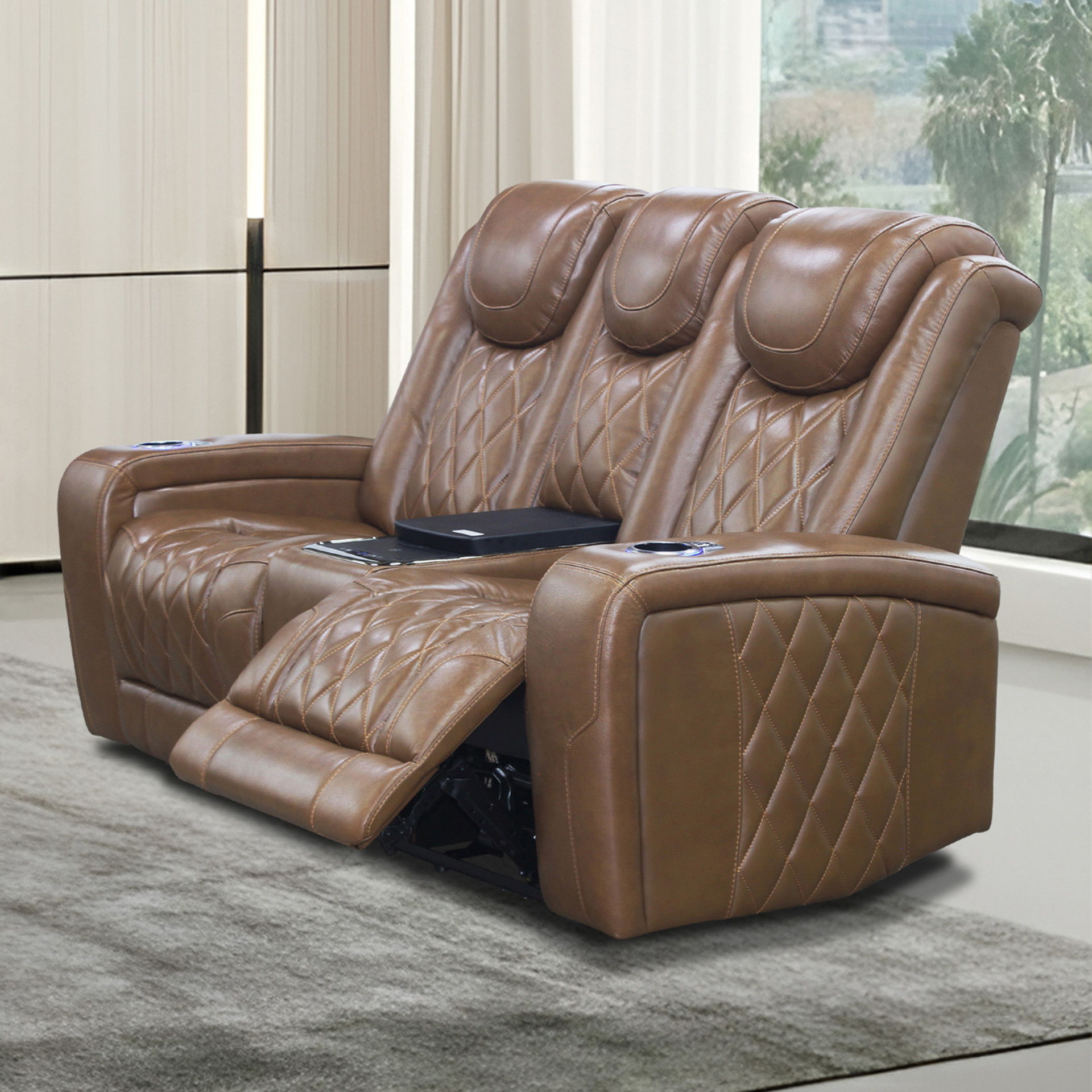 Dorian - Reclining Leather Loveseat With Power Headrest, Footrest And Cooler - Brown, dark brown