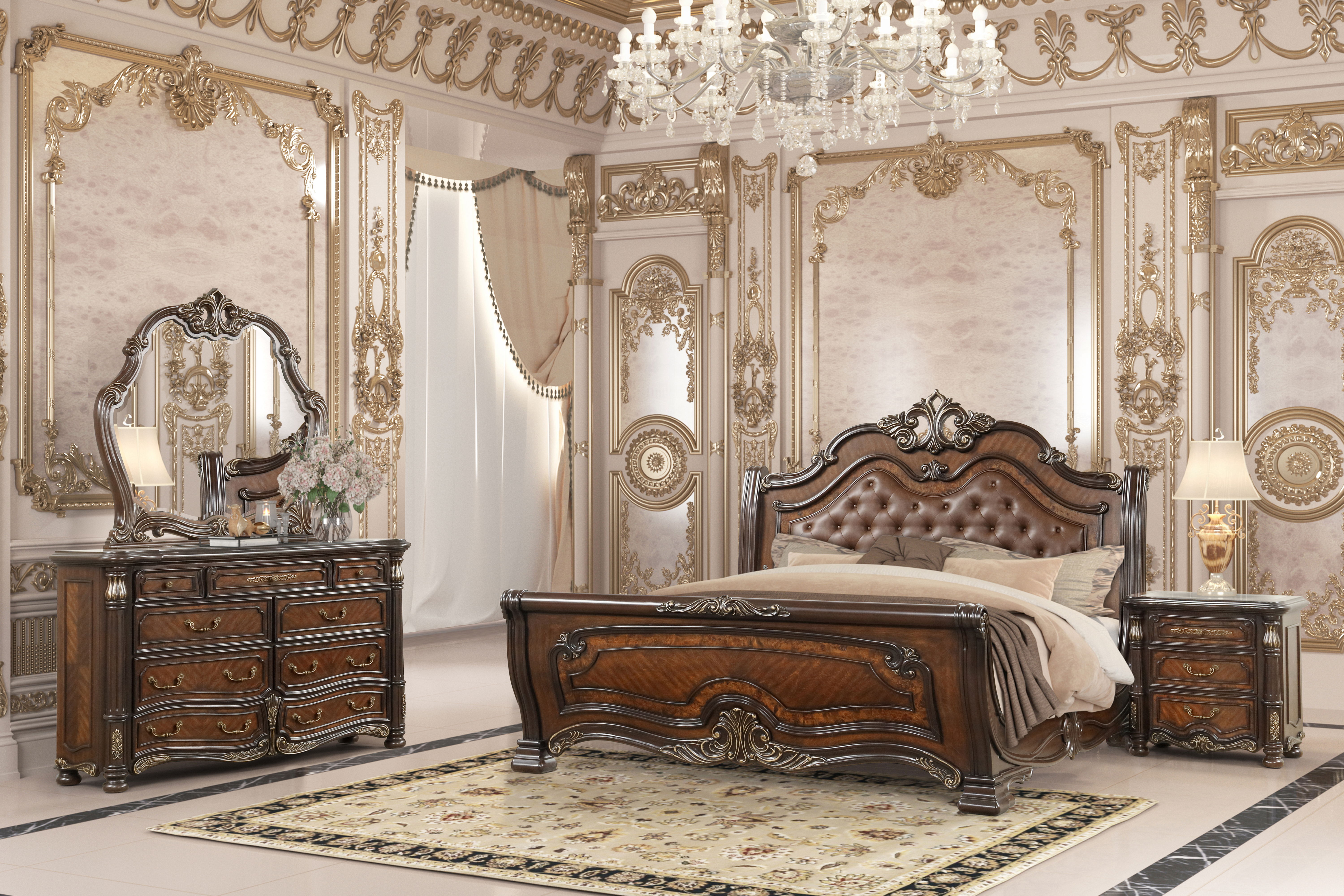 Bella Notte - 6/6 Eastern King 4 Piece Set (Padded Sleigh Bed, Dresser, Mirror, Nightstand) - Cherry