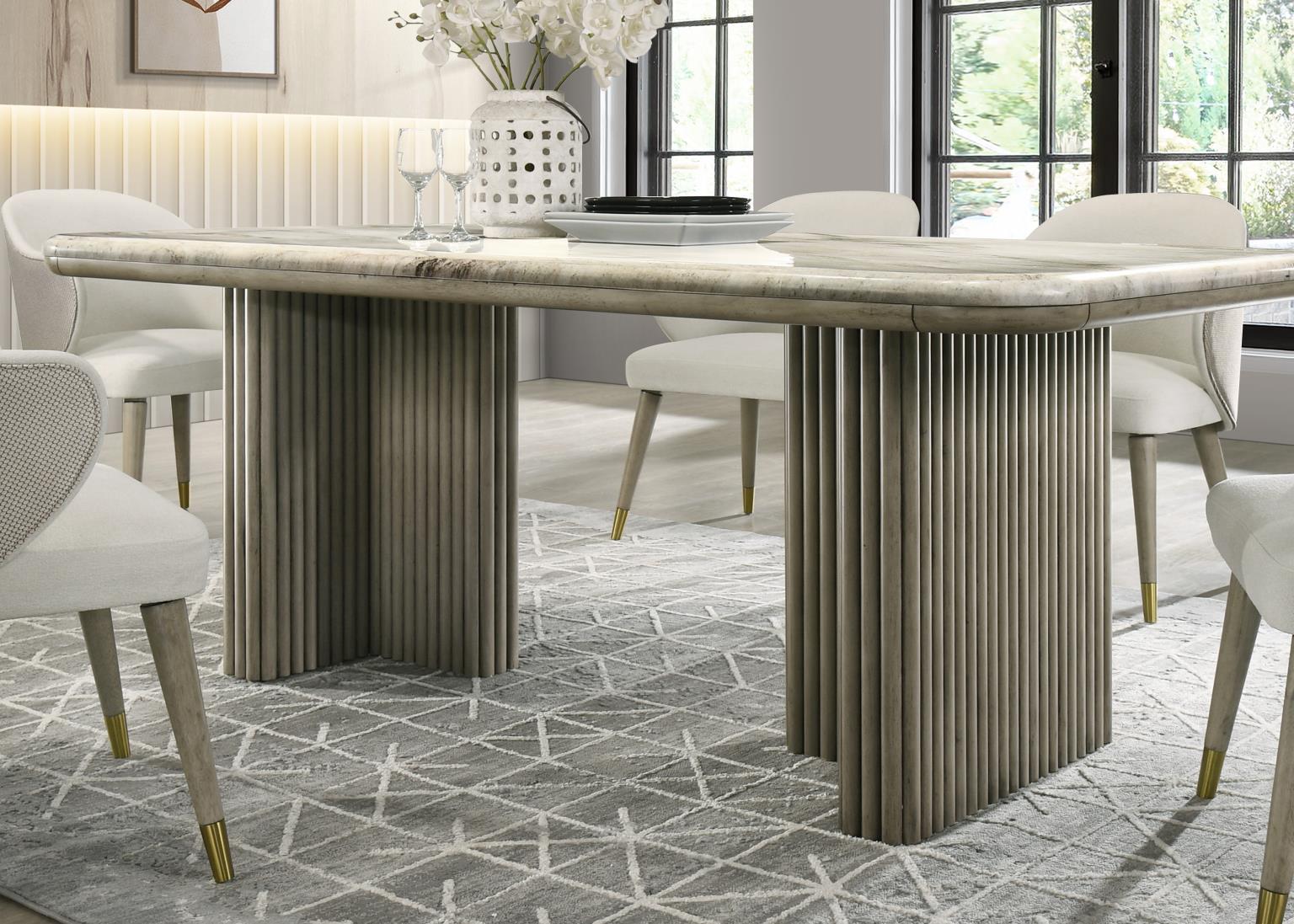 D070 - Oak Rectangular Dining Table With Marble Top - Golden Sand