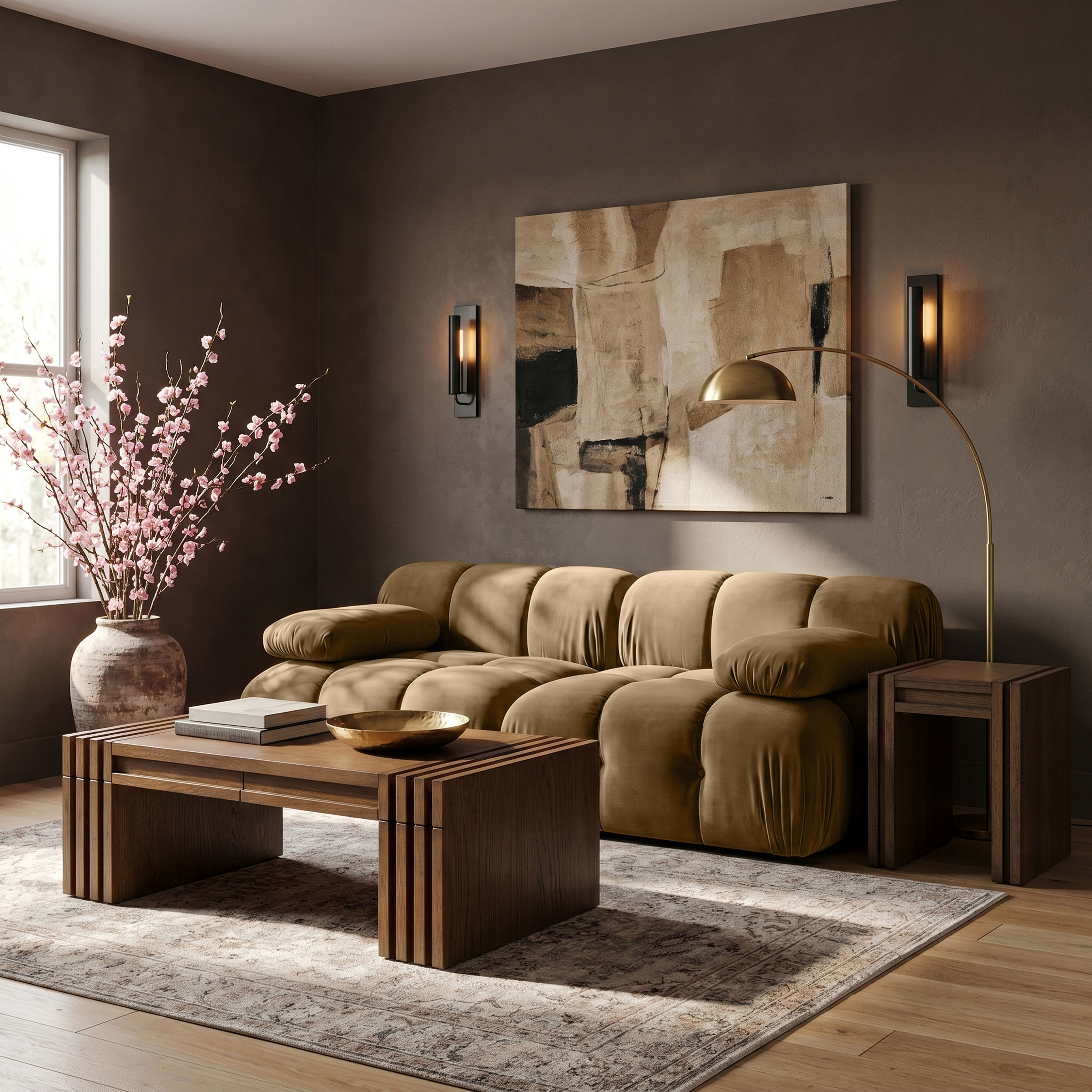 Orin - Velvet Performance Fabric Upholstered 2 Piece Modular Sofa - Saddle