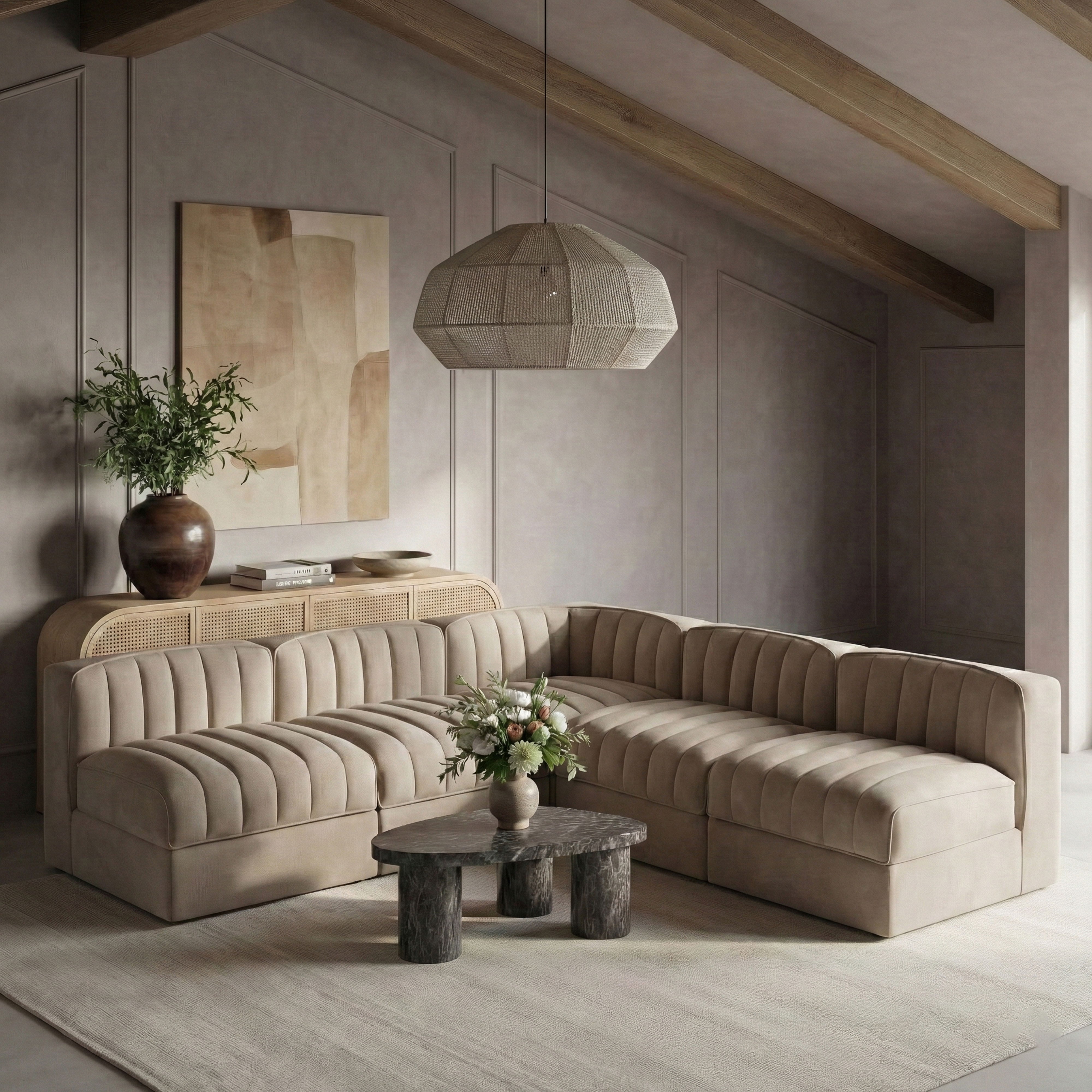 Rummi - Armless Velvet Performance Fabric Upholstered 5 Piece Modular Sectional - Beige