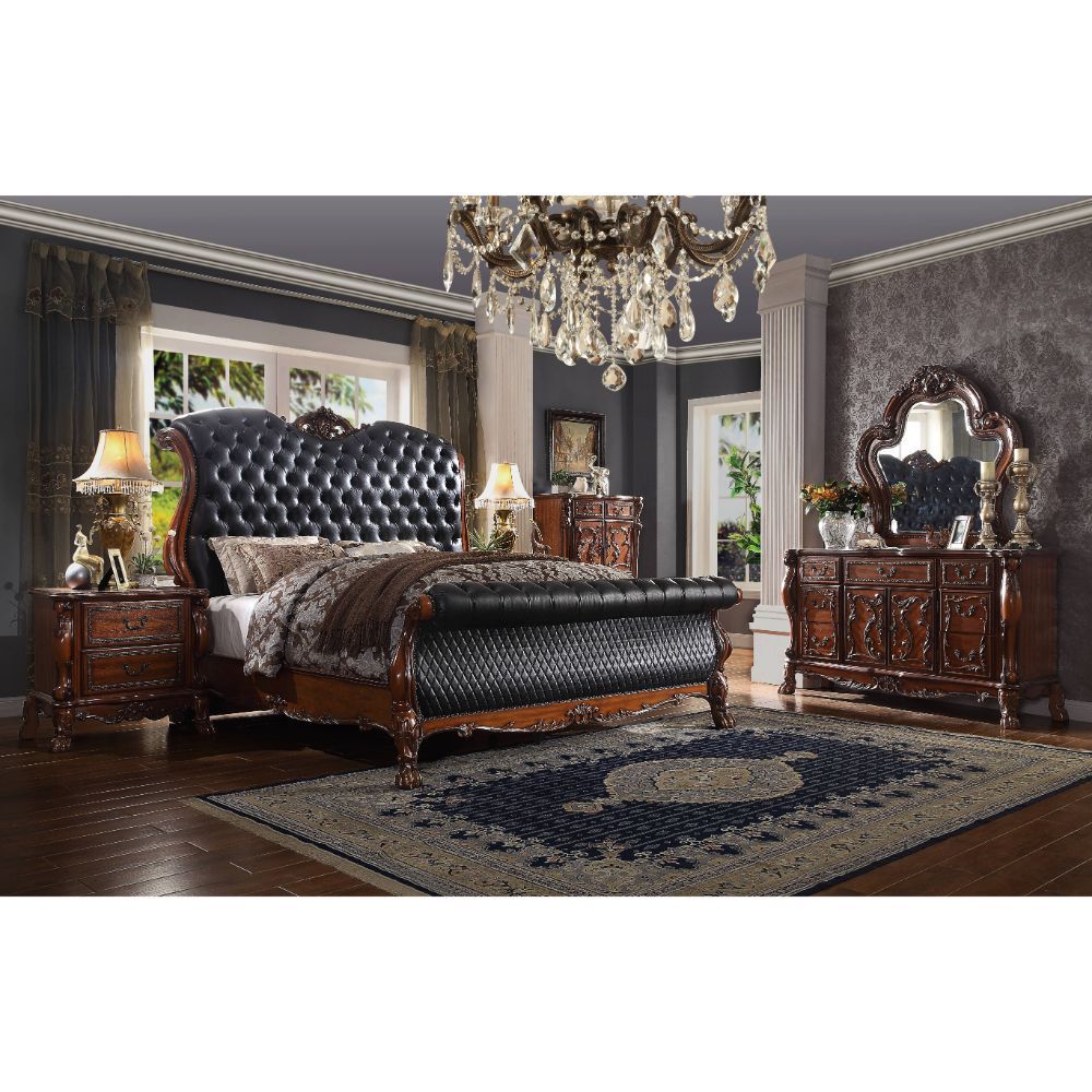Dresden - Queen Bed - Synthetic Leather & Cherry Oak, black, view 4
