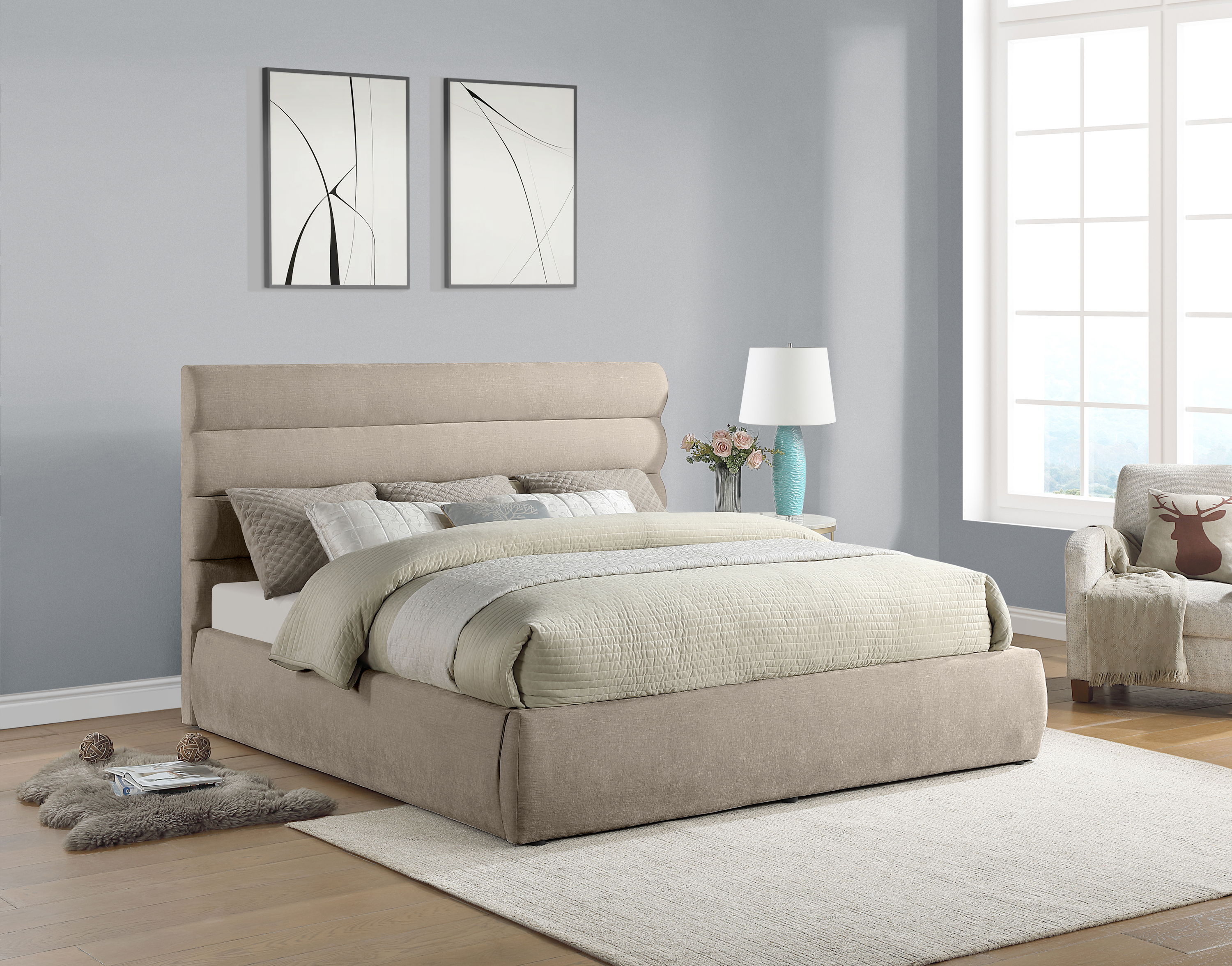 Adam - Chenille Fabric King Bed With 52" Headboard - Beige