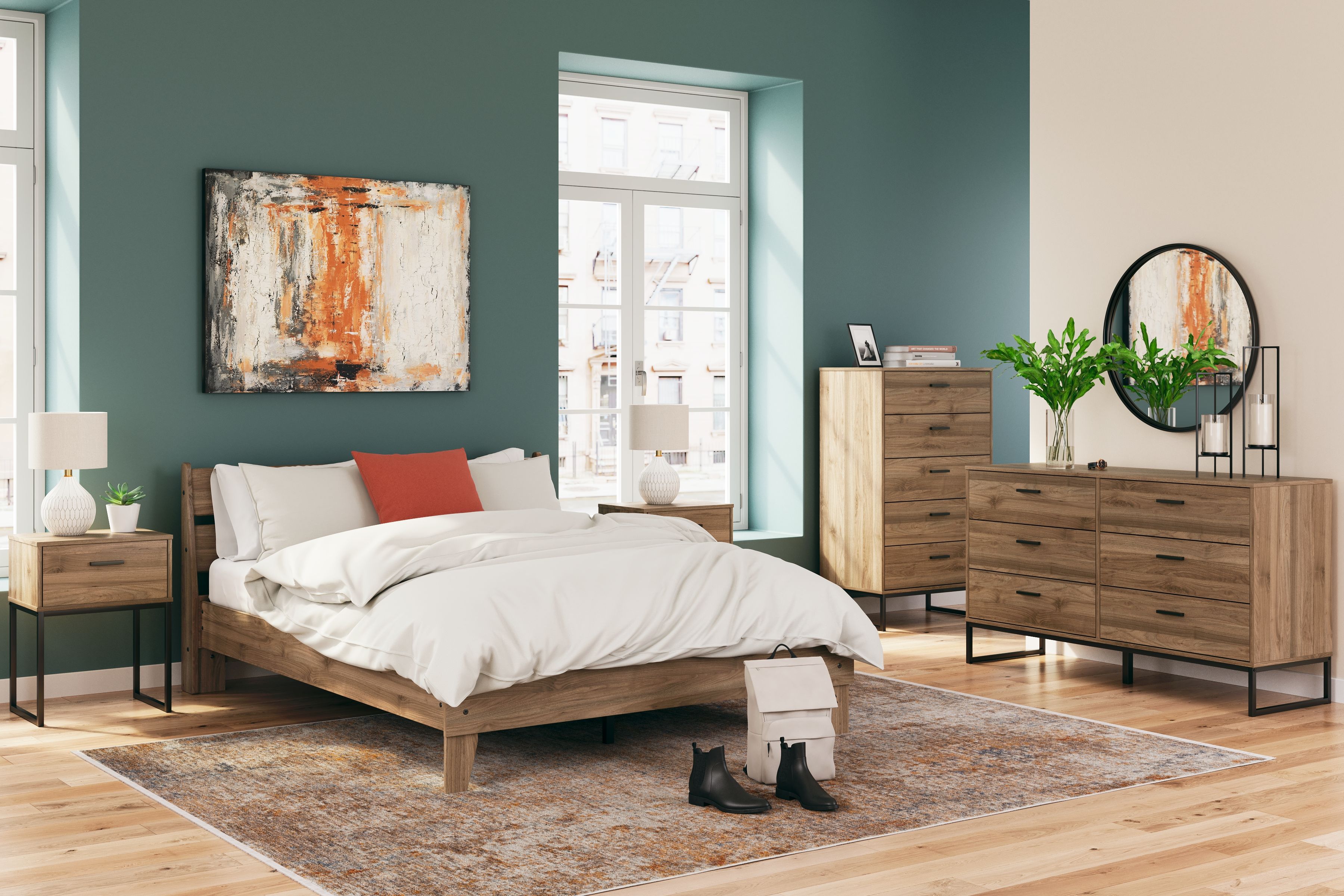 Deanlow - 4 Pc. - Dresser, Chest, Queen Platform Panel Bed - Honey