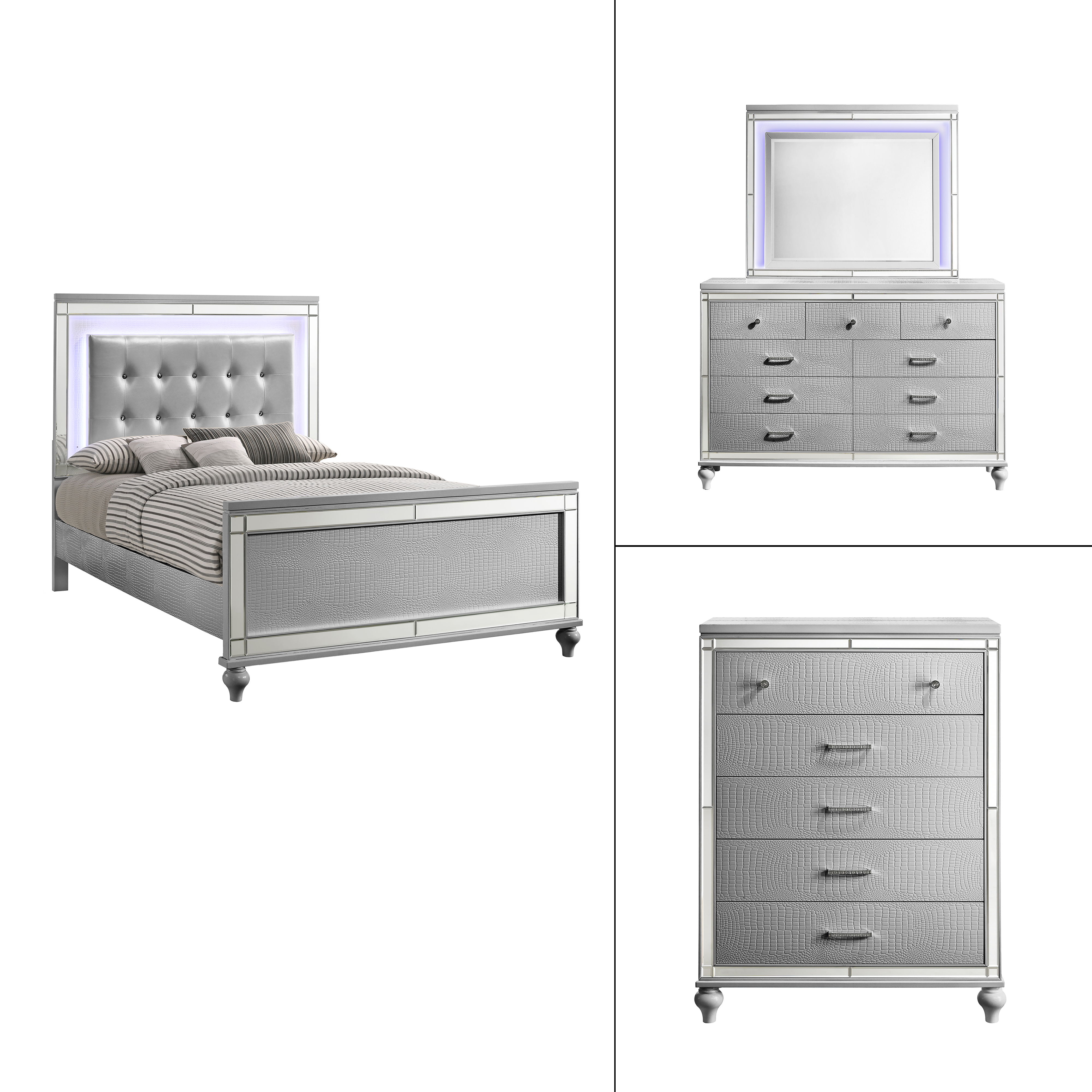 Valentino - Queen 4 Piece Bedroom Set (Bed, Dresser, Mirror, Chest) - Silver