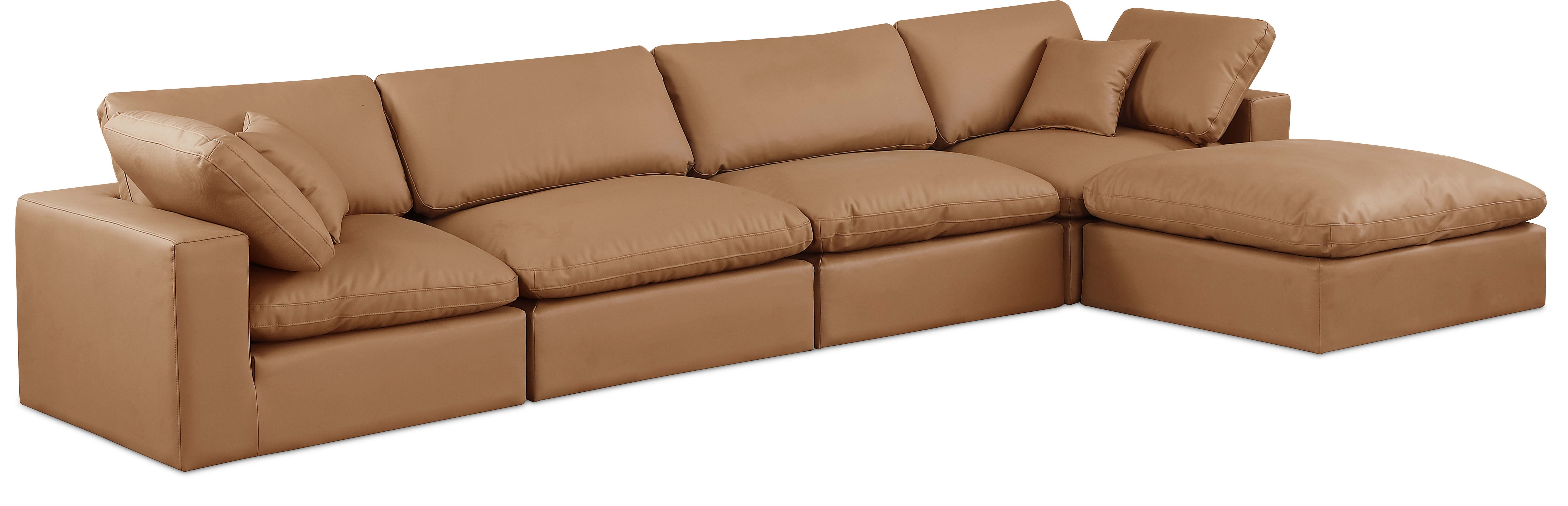 Comfy - 5 Piece Faux Leather Modular Sectional With Chaise - Cognac