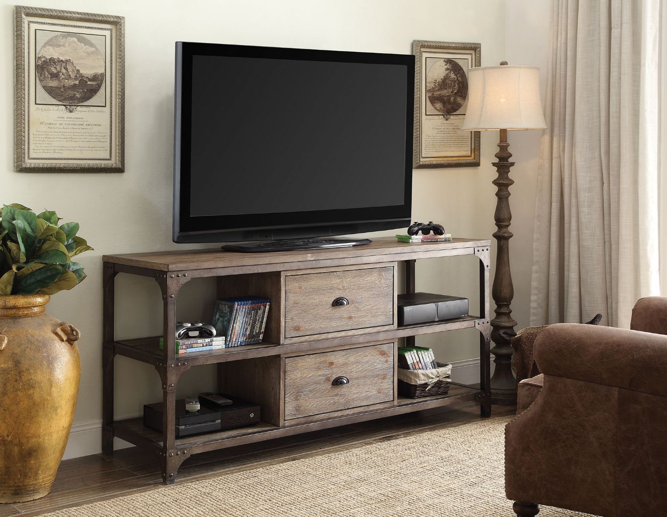 Gorden - TV Stand - Weathered Oak & Antique Silver Metal, dark brown