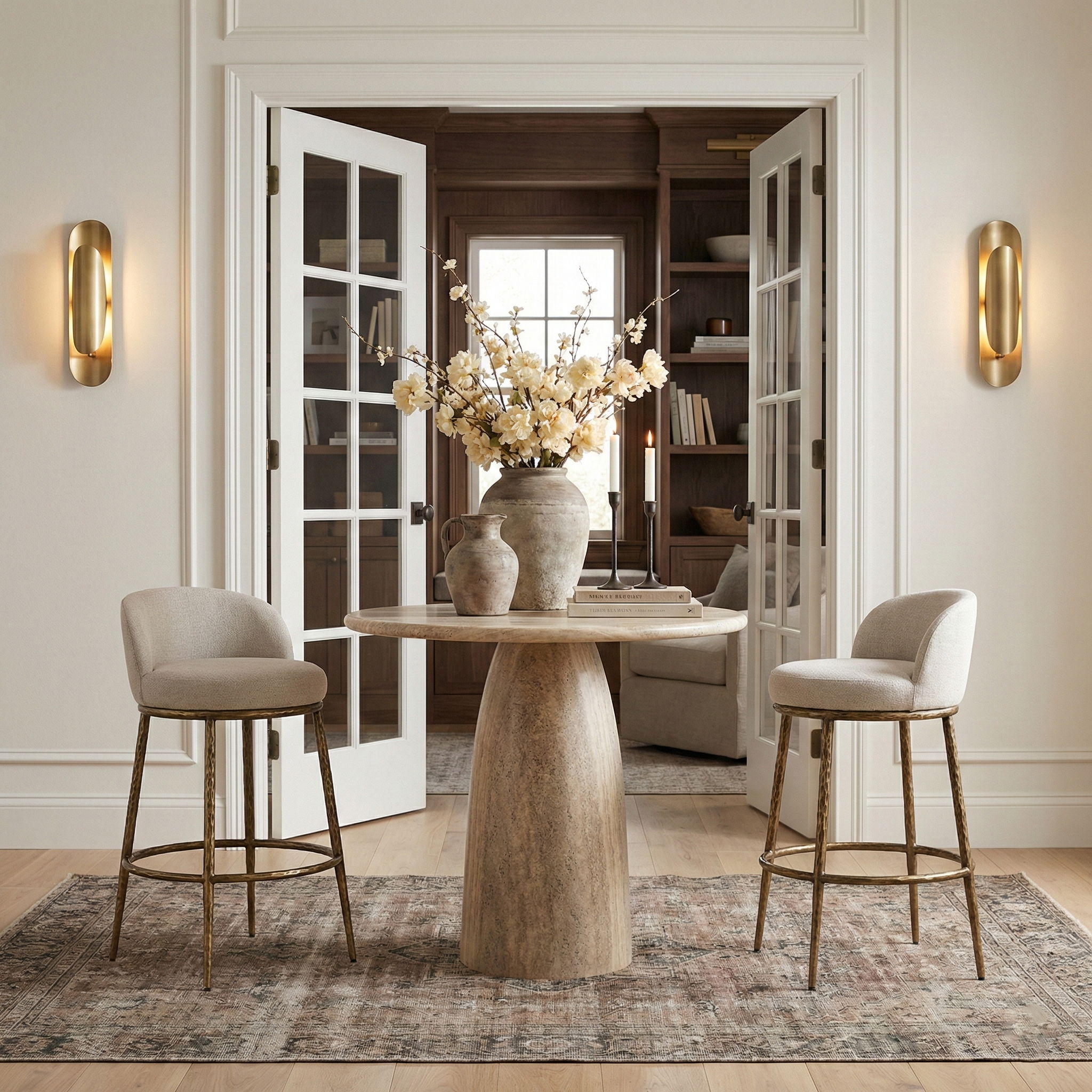 Ferro - Performance Fabric Upholstered Bar Stool - Beige / Antique Brass