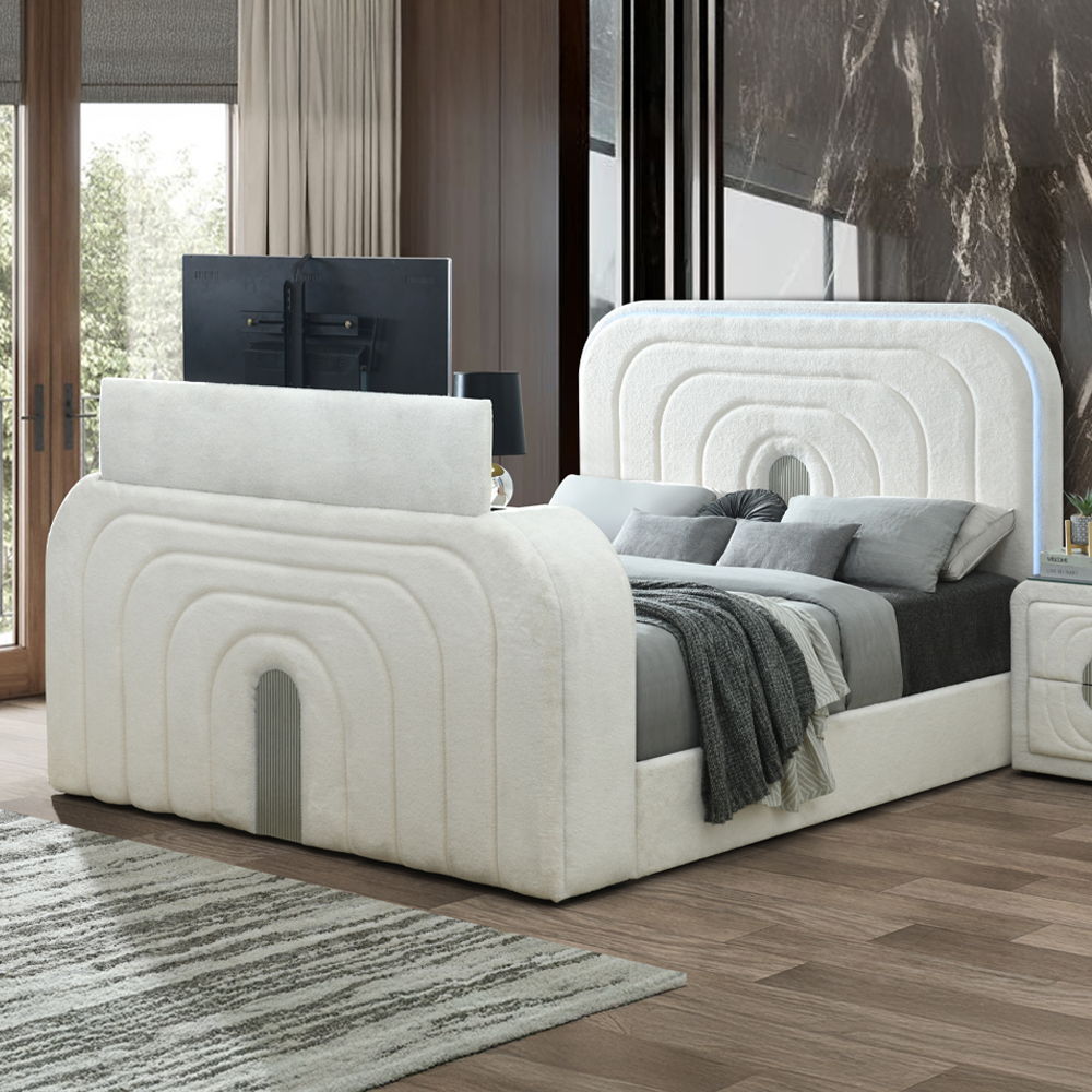 Shelyn - Queen Bed With LED, TV Cabinet, Fireplace & Bluetooth - White Teddy Sherpa & Chrome, white