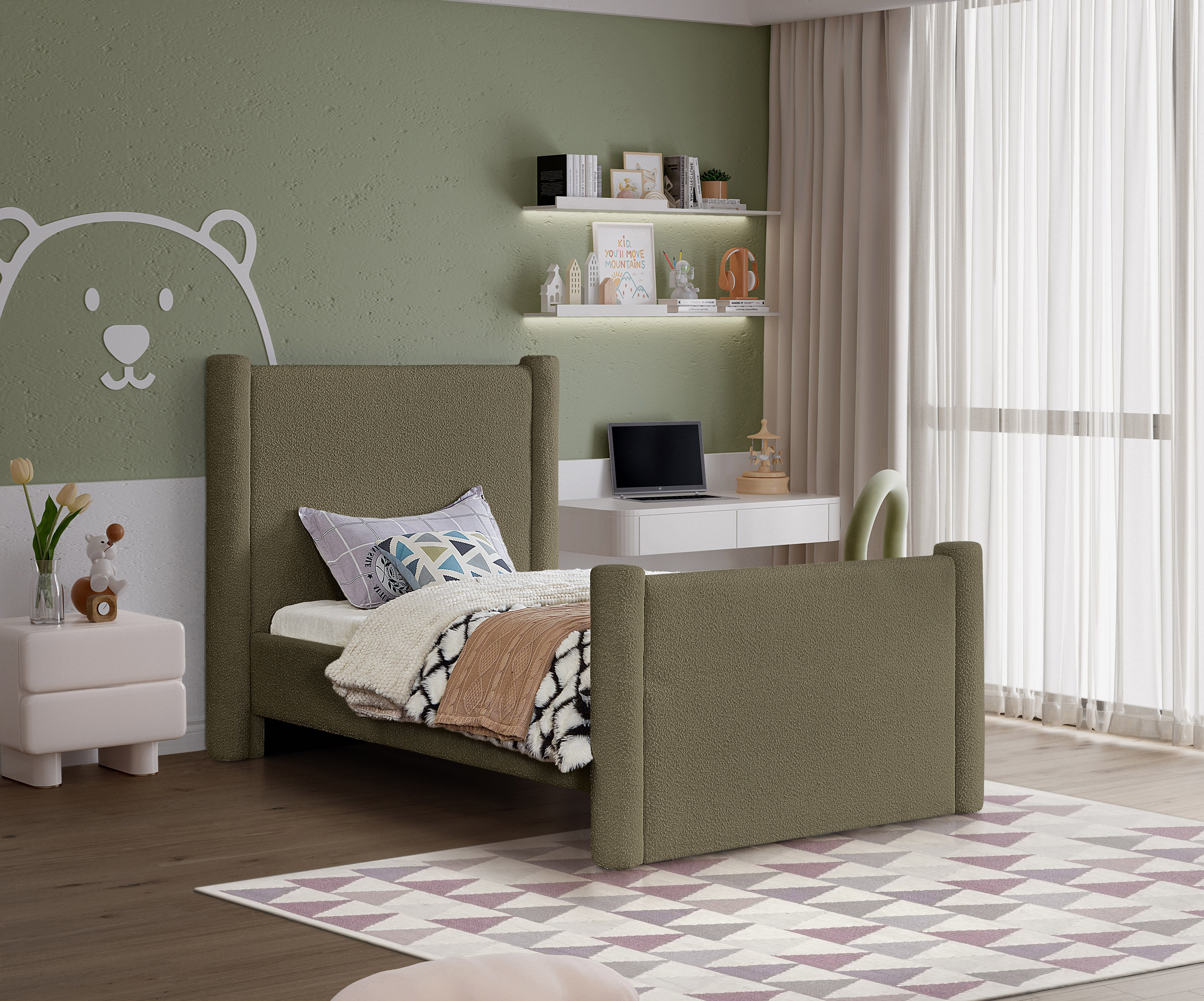 Elias - Boucle Twin Bed - Olive Green