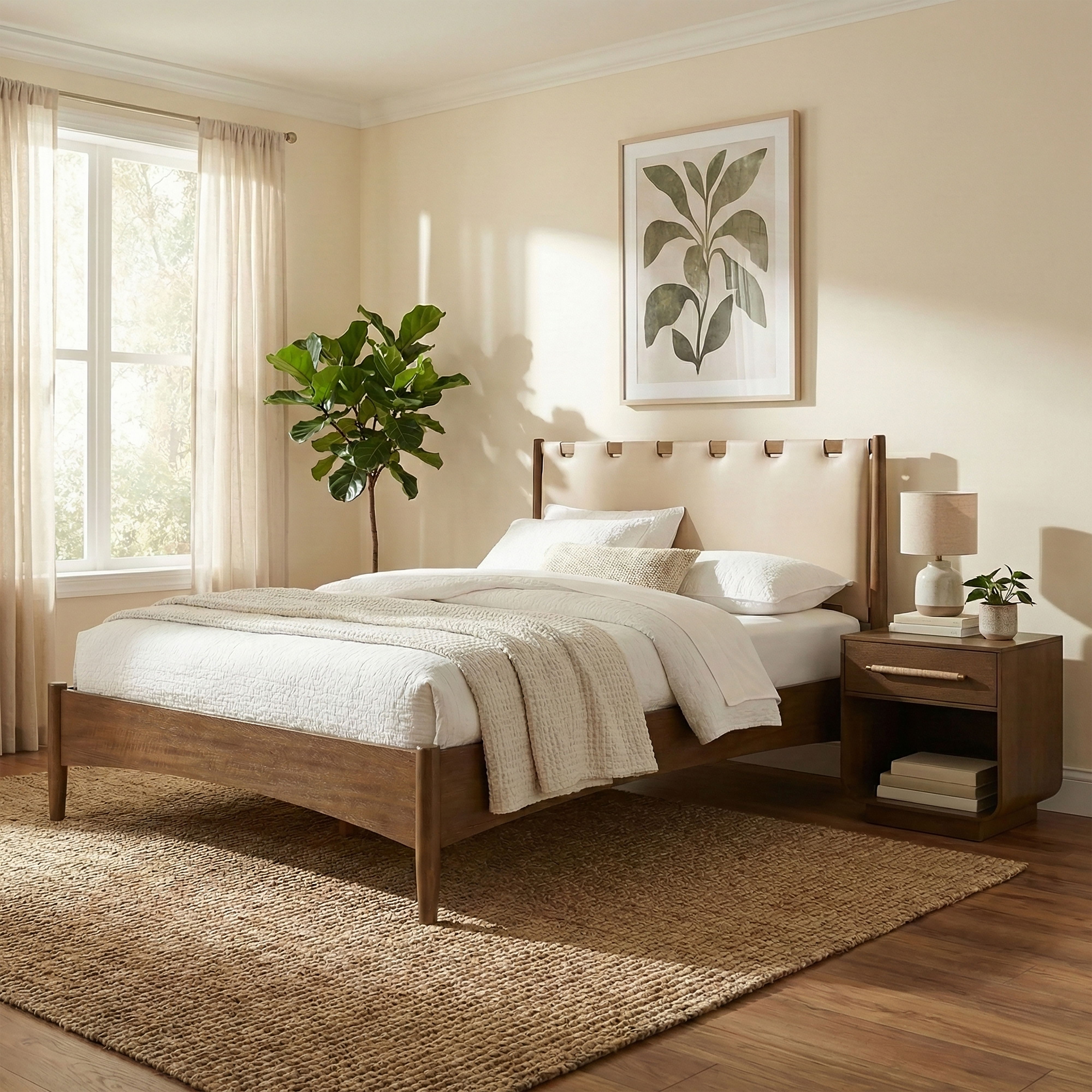 Santos - Vegan Leather Headboard And Wood King Bed - Beige