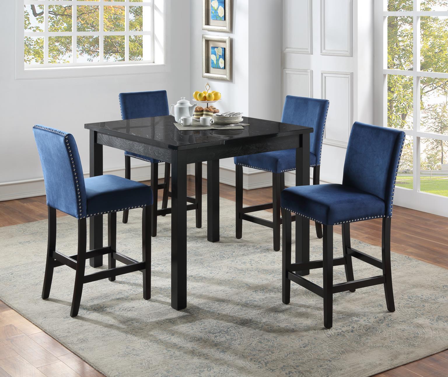 D206 - 5 Piece Dining Room Set (Marble Dining Table, 4 Velvet Chairs) - Blue
