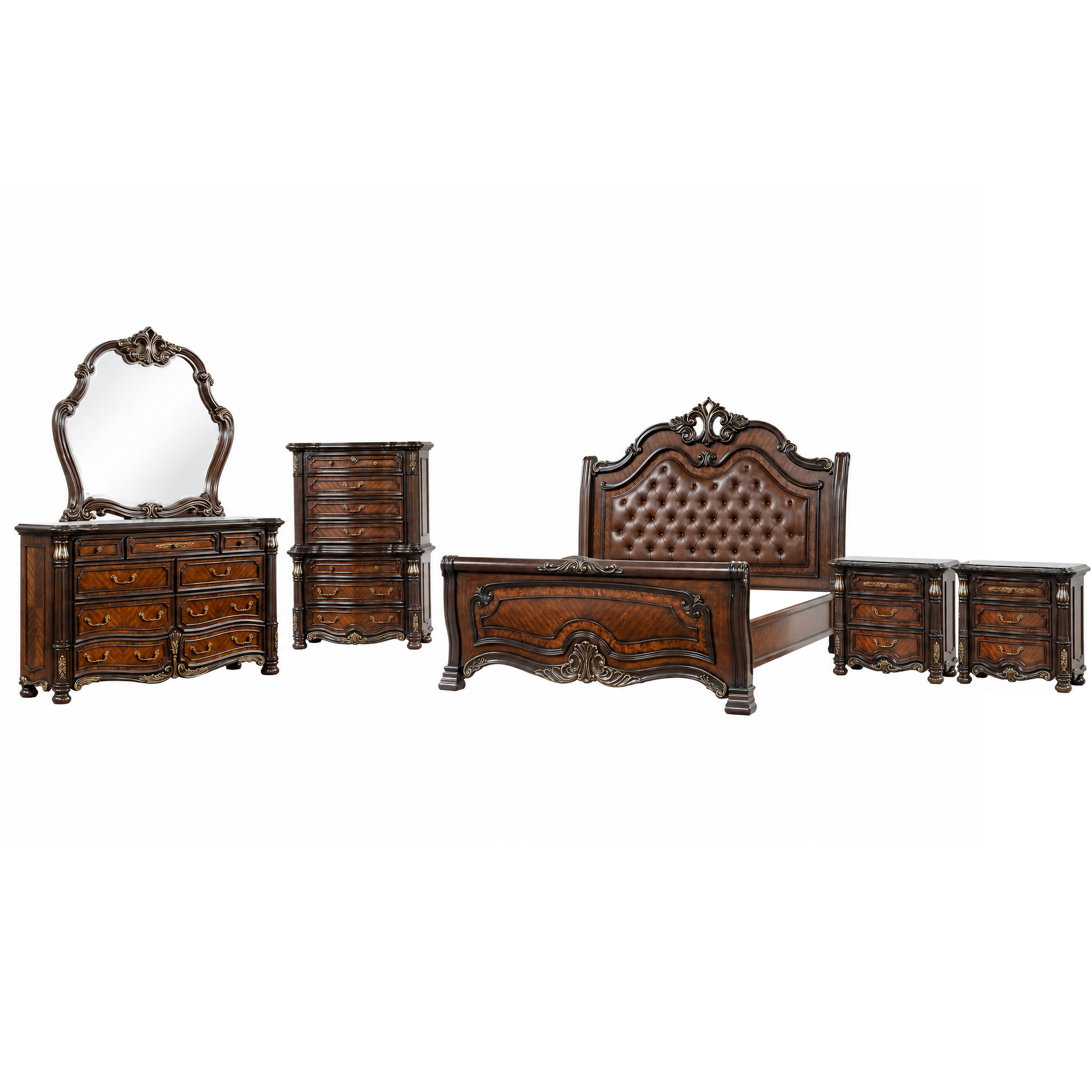 Queen · 6 Pc · Padded Sleigh Bed, Dresser, Mirror, Chest, 2 Nightstands