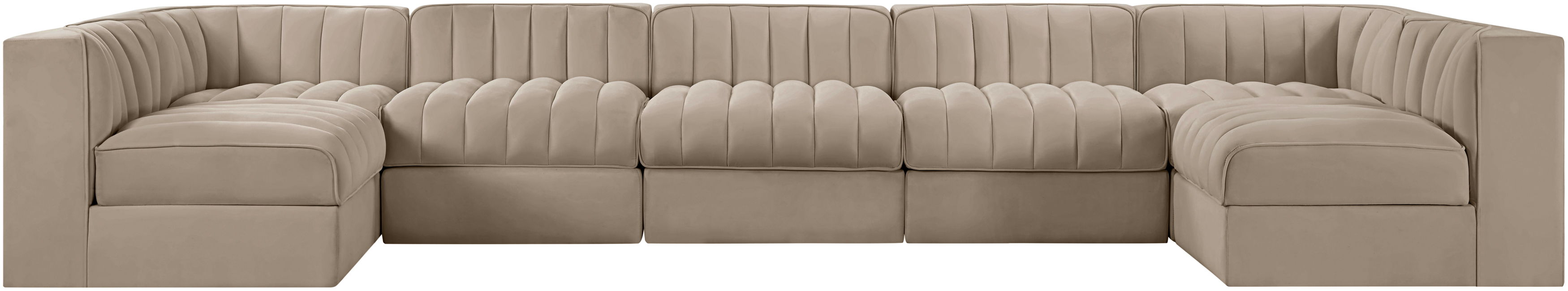 Rummi - Velvet Performance Fabric Upholstered 7 Piece Modular Sectional (With 2 Corner Chairs) - Beige